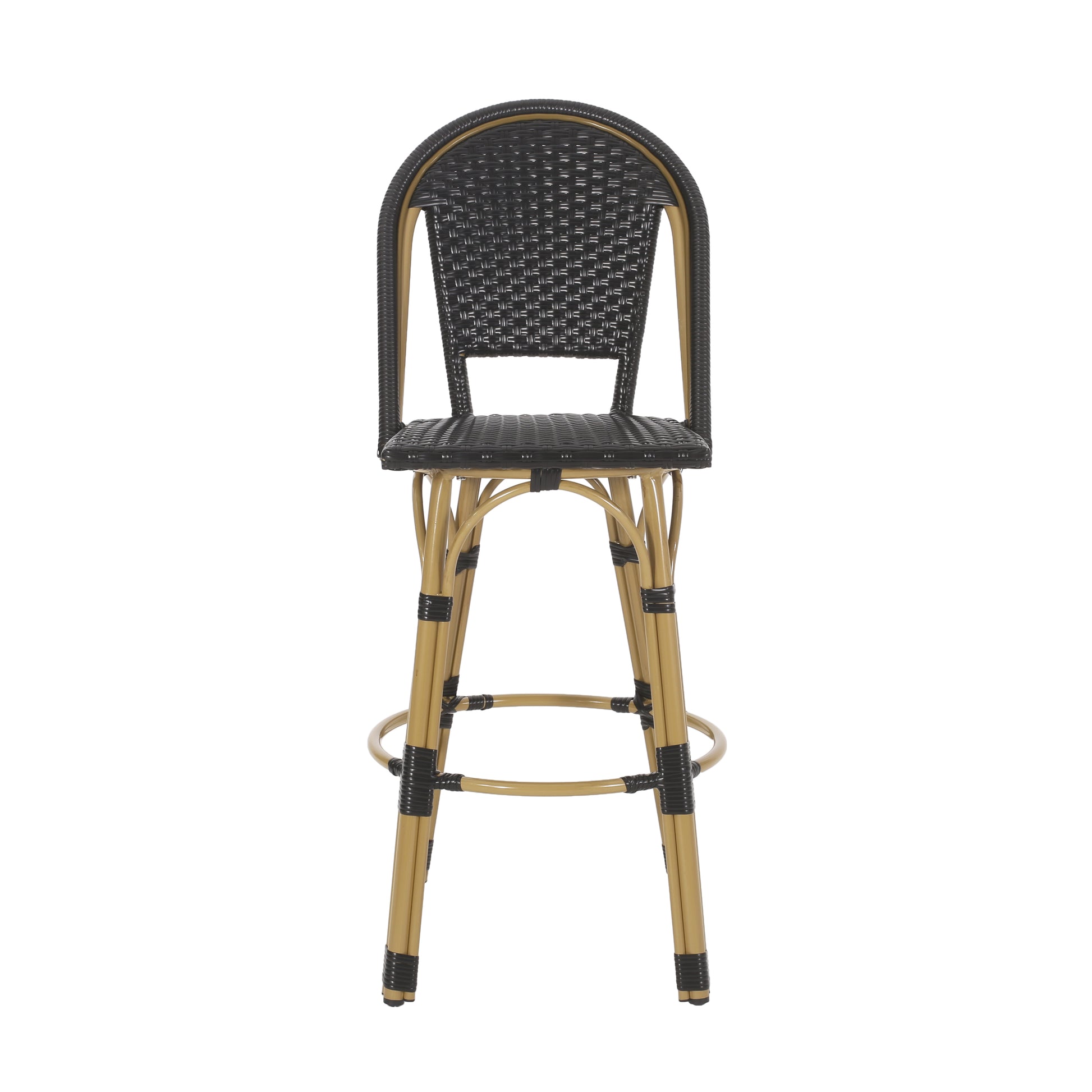 Black rattan bistro bar stool with golden legs and a footrest