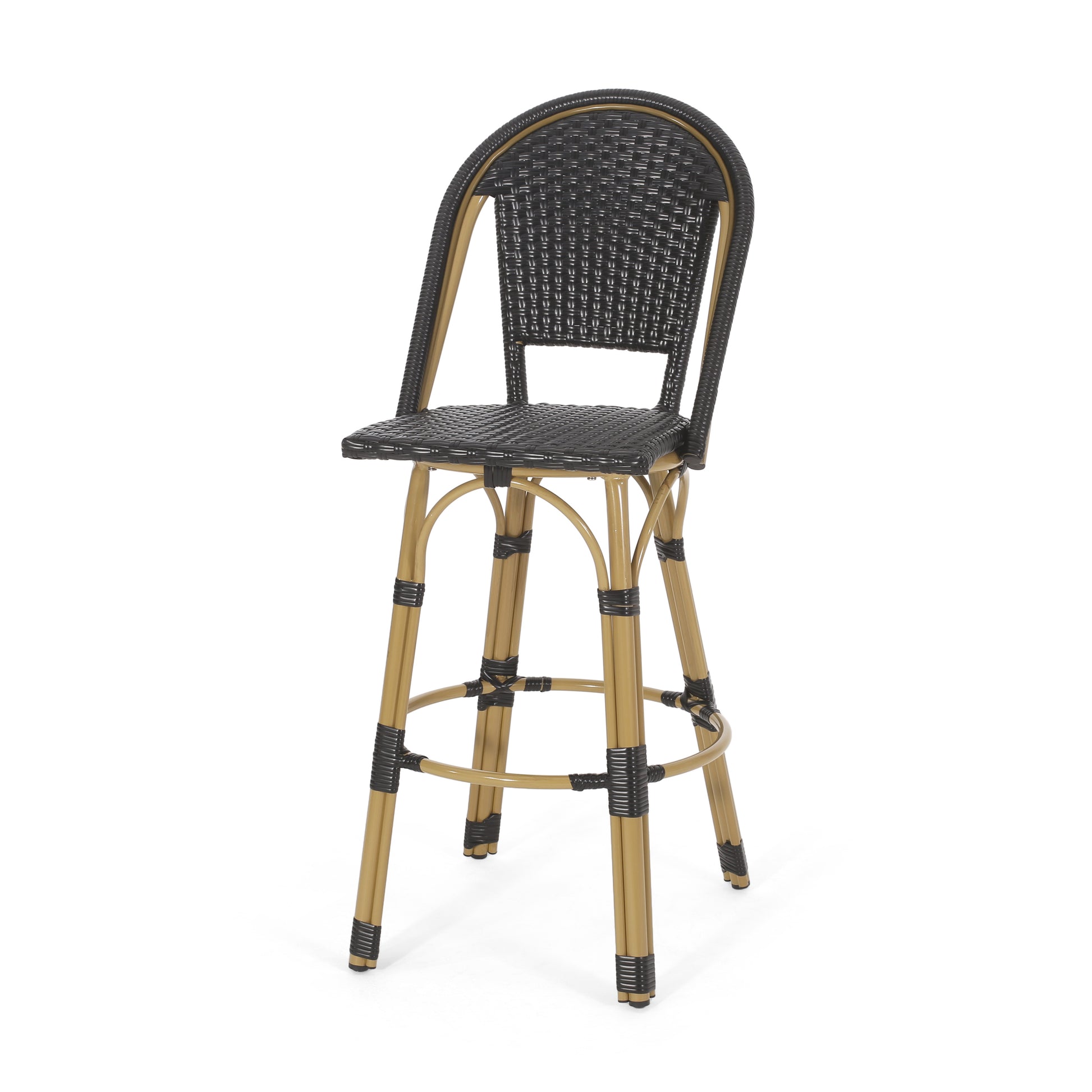 Black wicker outdoor bar stool with golden frame perfect for patio seating