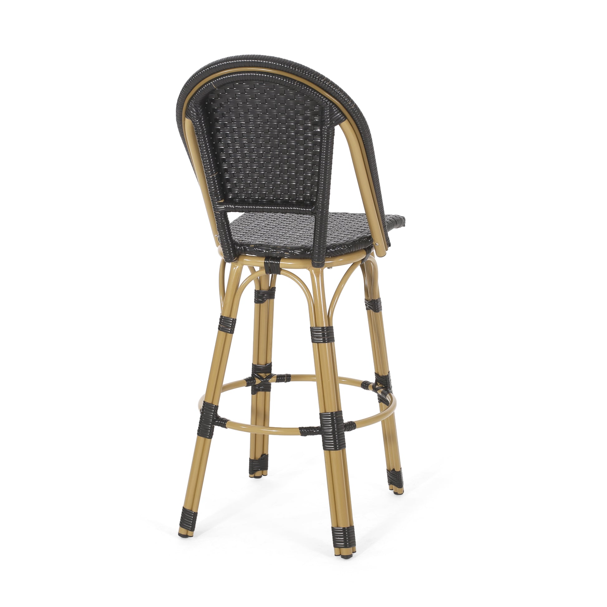 Black wicker bar stool with a curved back and bamboostyle legs