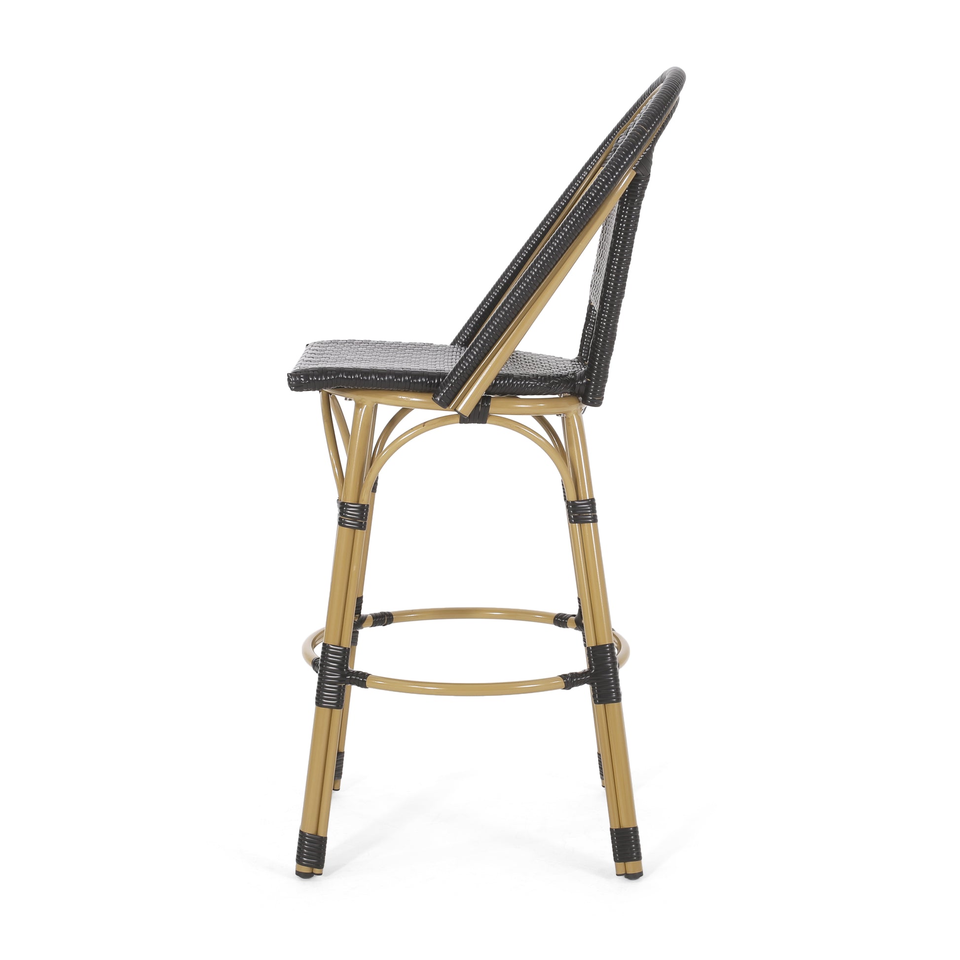 Black woven rattan bar stool with golden bamboolook legs and footrest