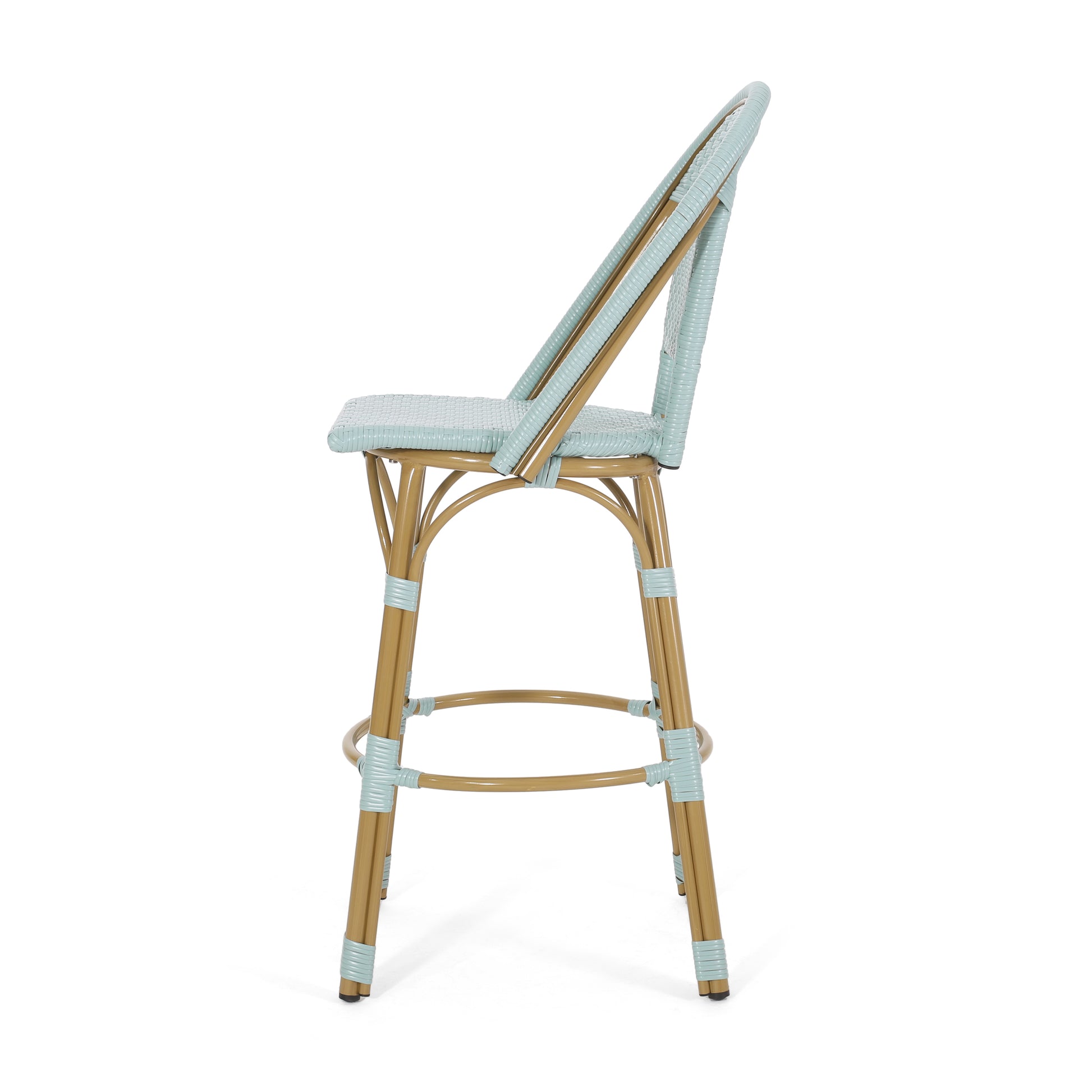 Pale blue woven bistro bar stool with natural wood frame and footrest