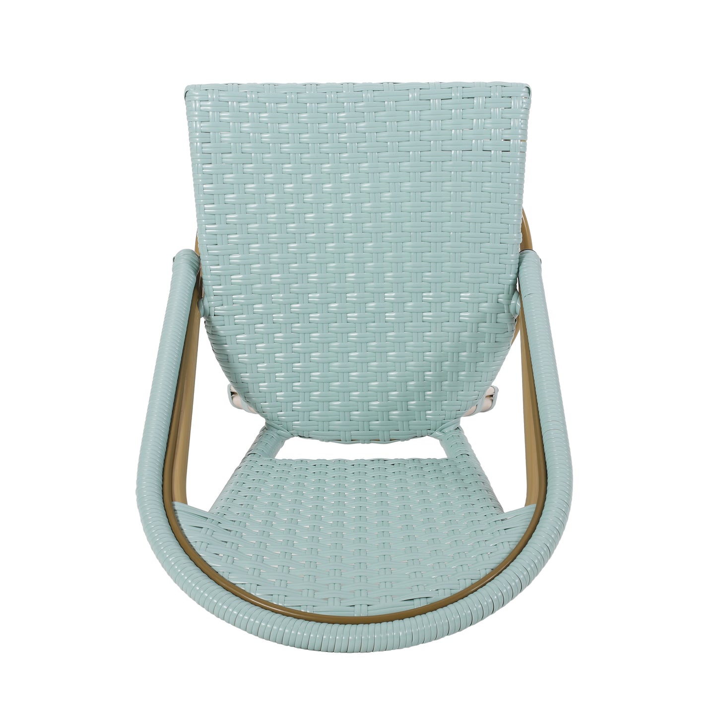 Light blue rattan bistro chair with a woven seat and backrest perfect for outdoor seating