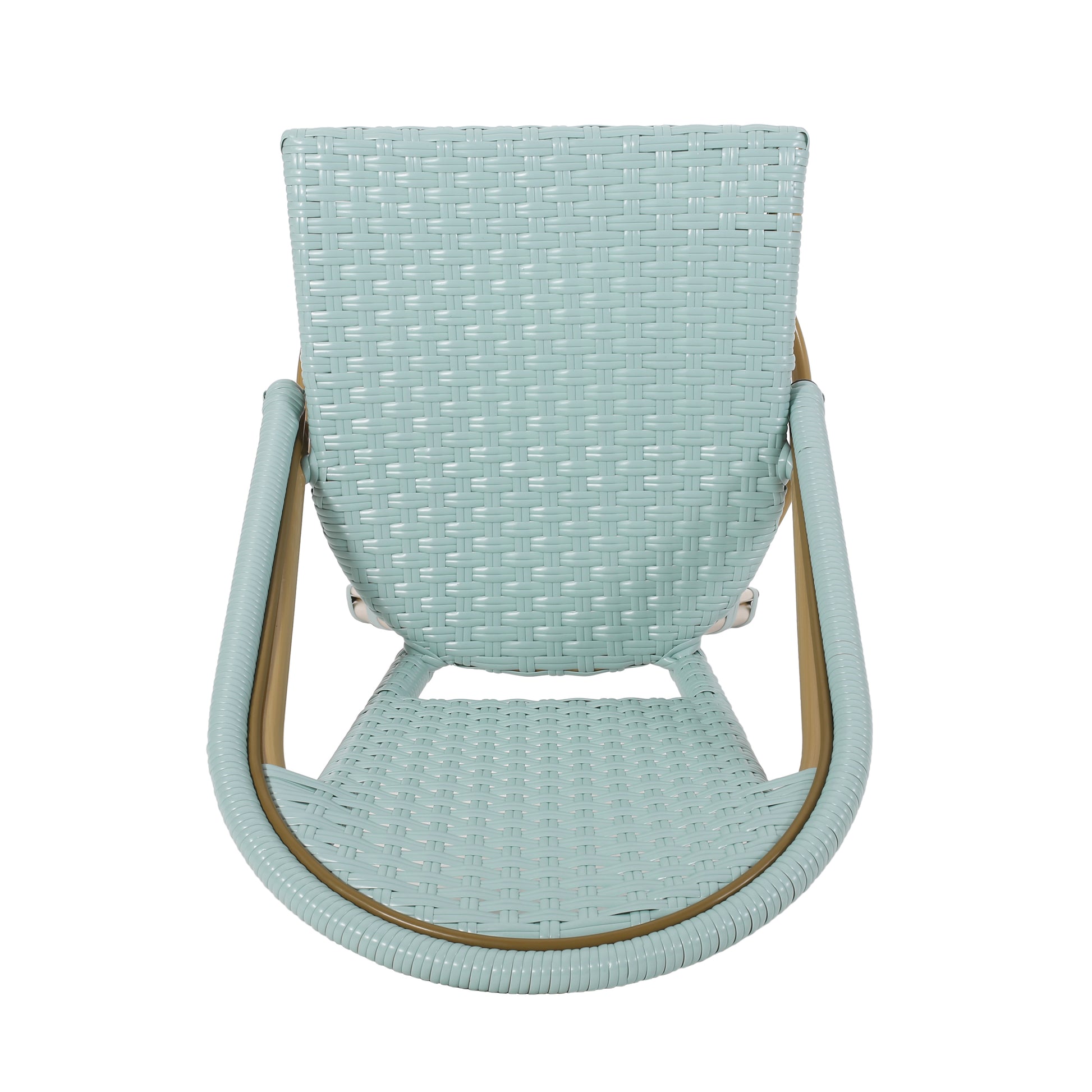 Light blue rattan bistro chair with a woven seat and backrest perfect for outdoor seating