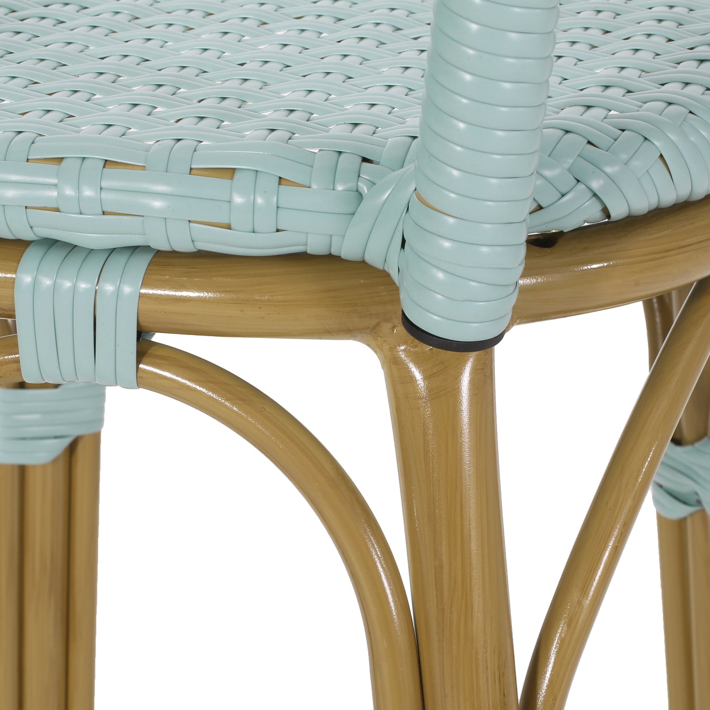 Light blue woven bistro chair seat with natural wood frame perfect for cafe seating