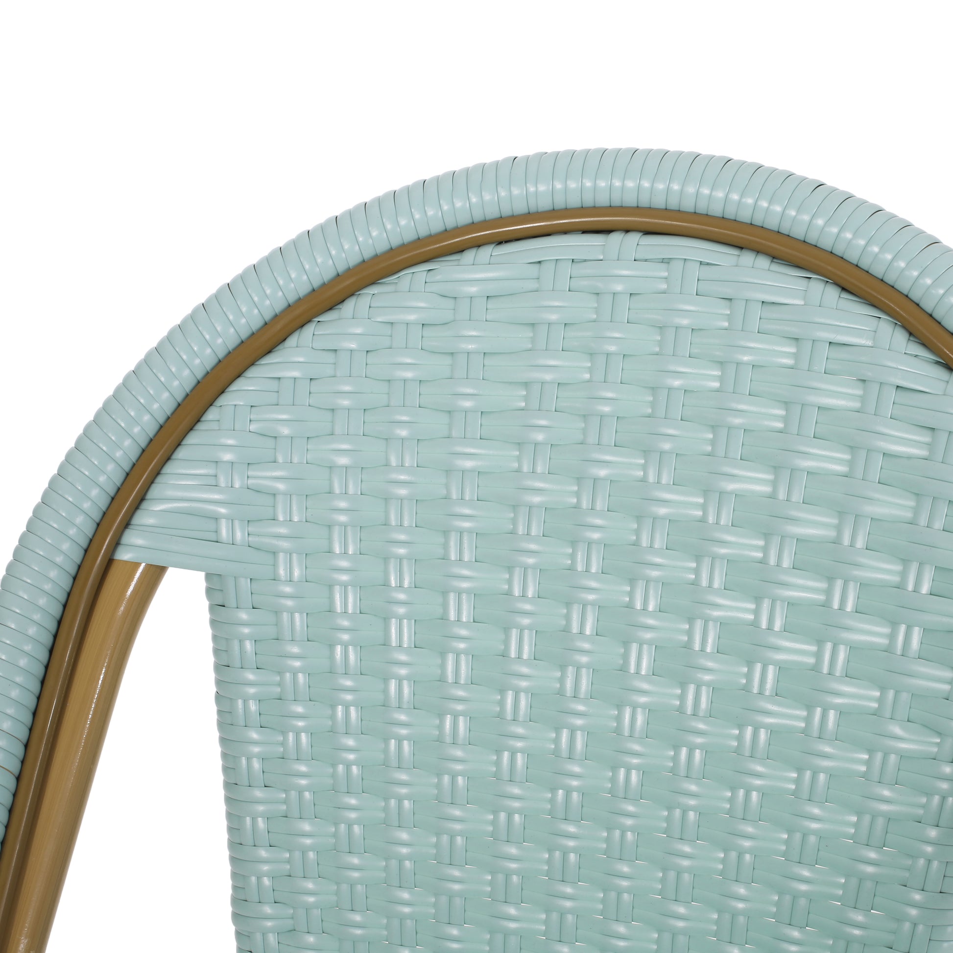 Light blue wicker chair back detail with tan piping perfect for outdoor dining