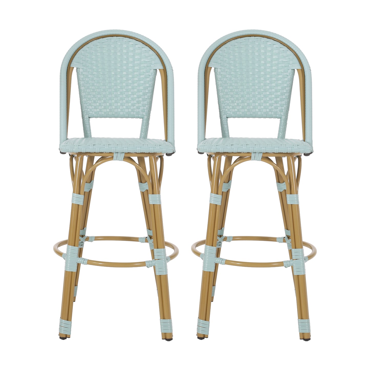 Pair of light blue wicker bar stools with natural wood legs French cafe style