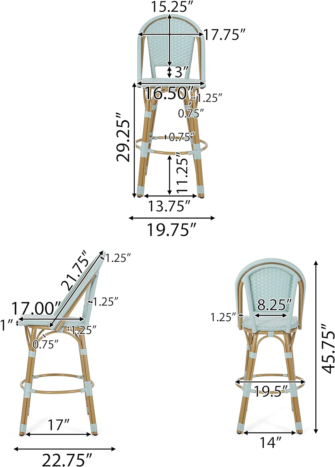 Light blue rattan bar stool with wooden legs French bistro style seating