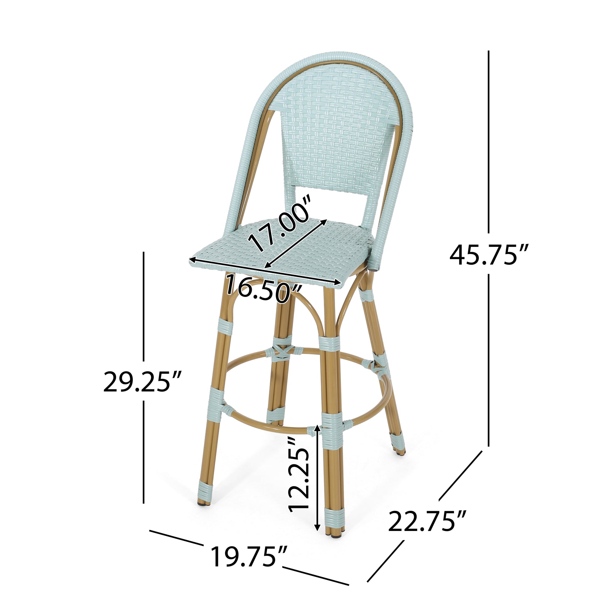 Light blue wicker bar stool with natural woodfinished legs and woven seat detail for a cafe setting