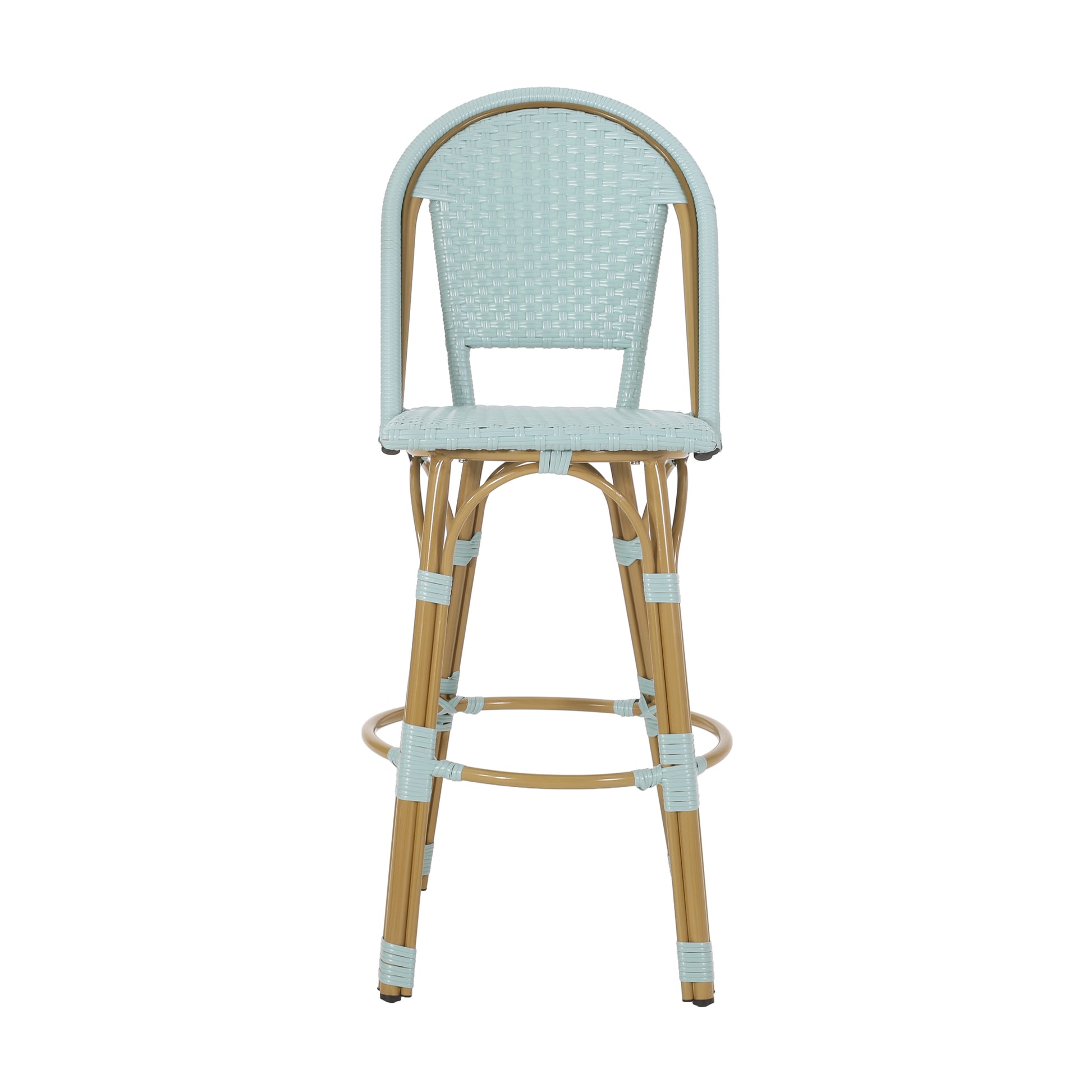 Light blue wicker bar stool with bamboostyle legs perfect for kitchen island seating