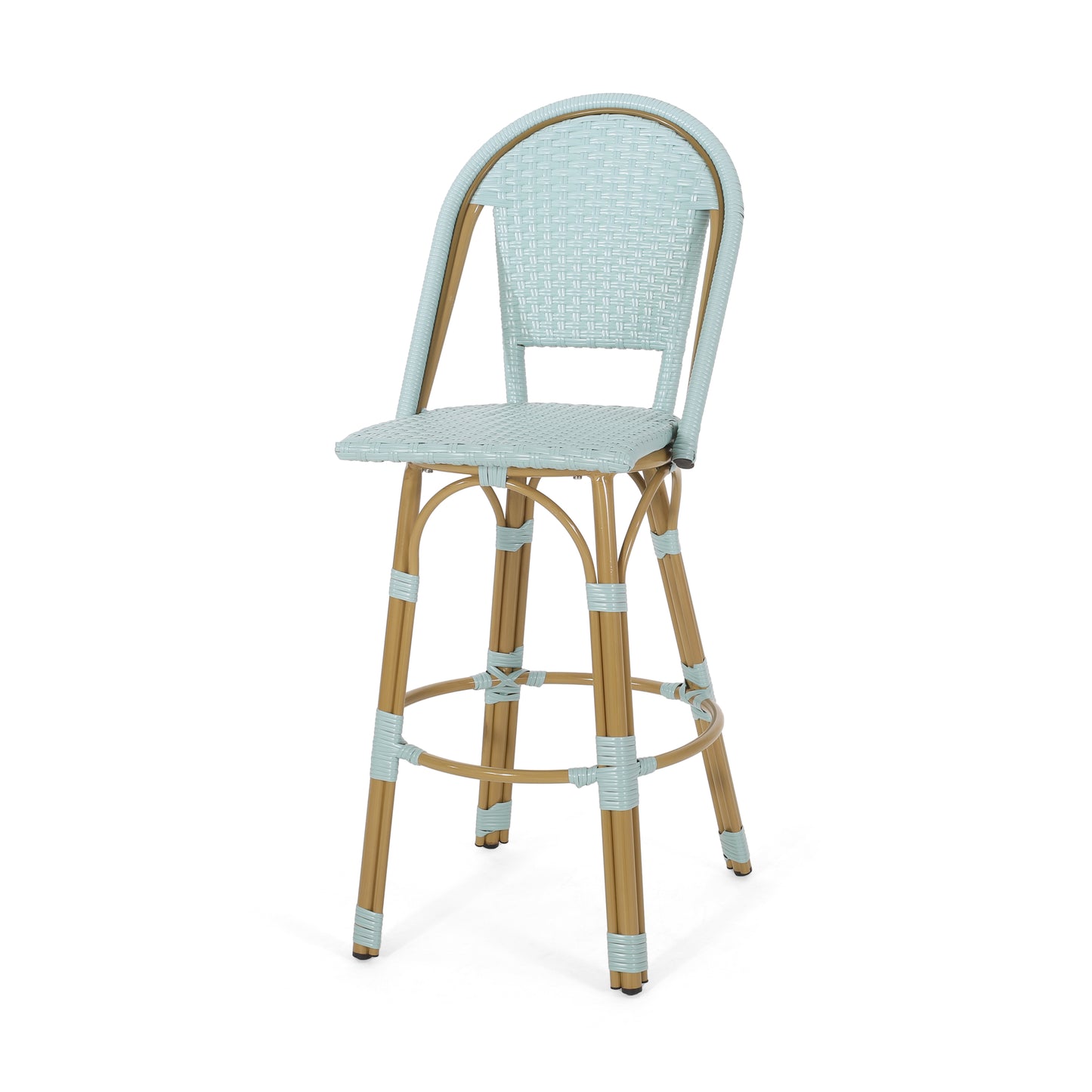 Pale blue wicker bar stool with a curved back and goldtoned metal frame