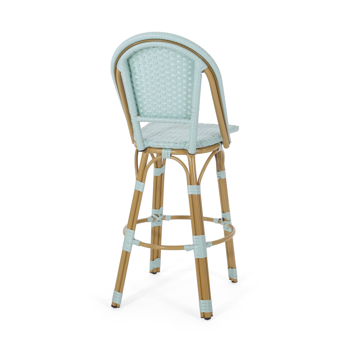 Light blue wicker bistro bar stool with woven seat and back on a white background