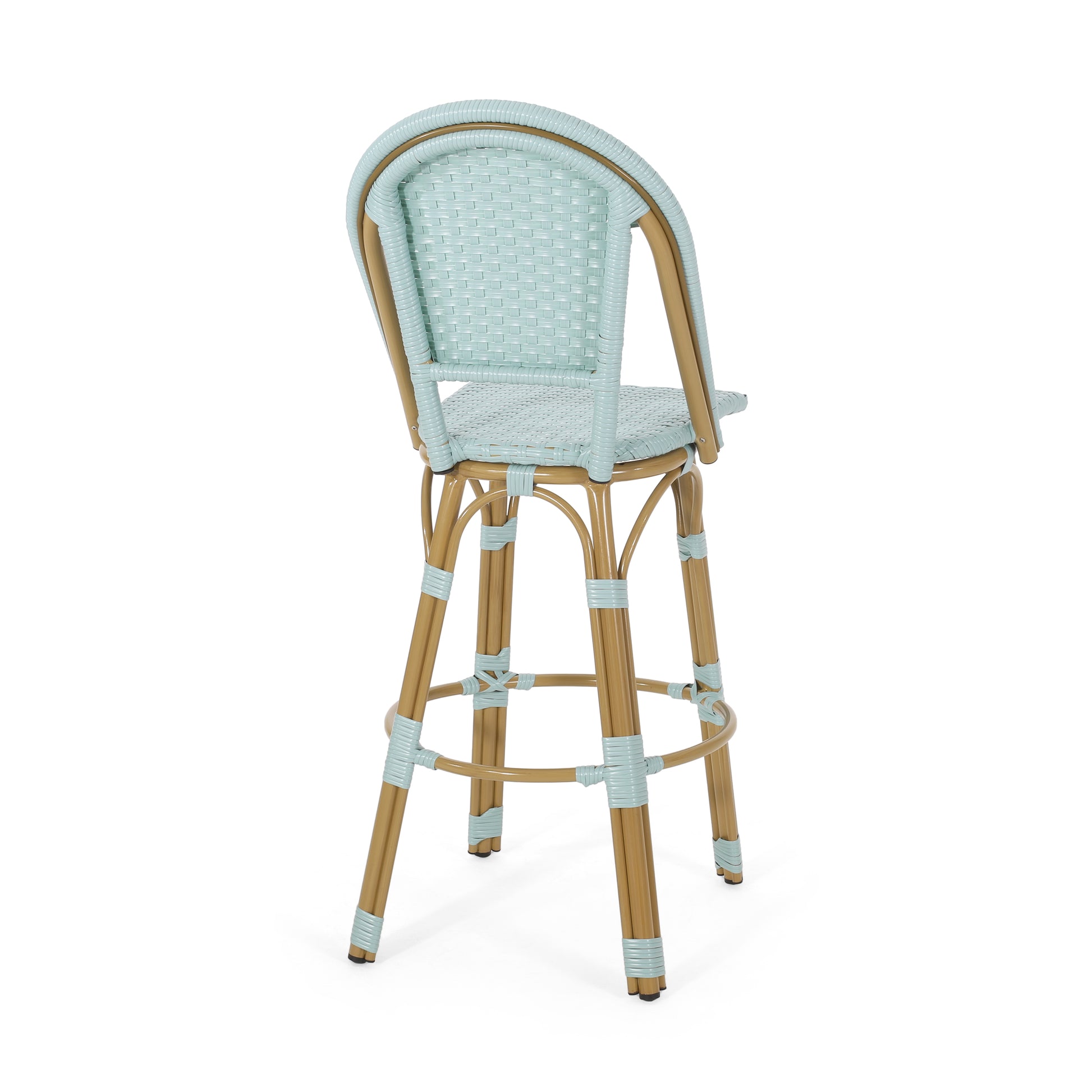 Light blue wicker bistro bar stool with woven seat and back on a white background