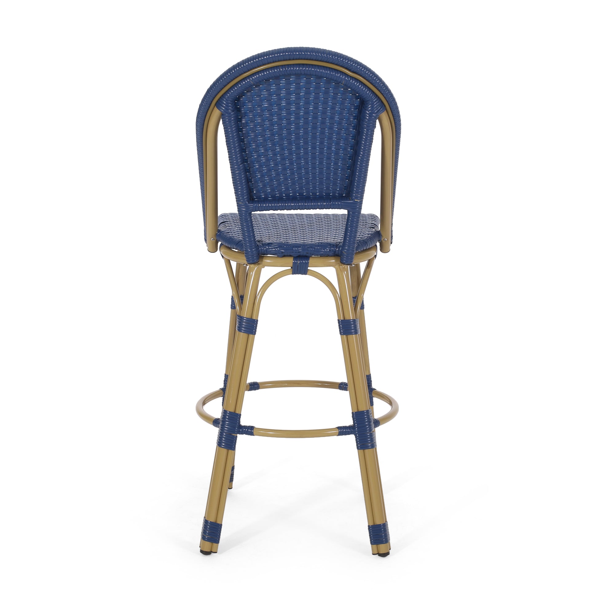 Blue rattan bar stool with tan frame classic bistro design