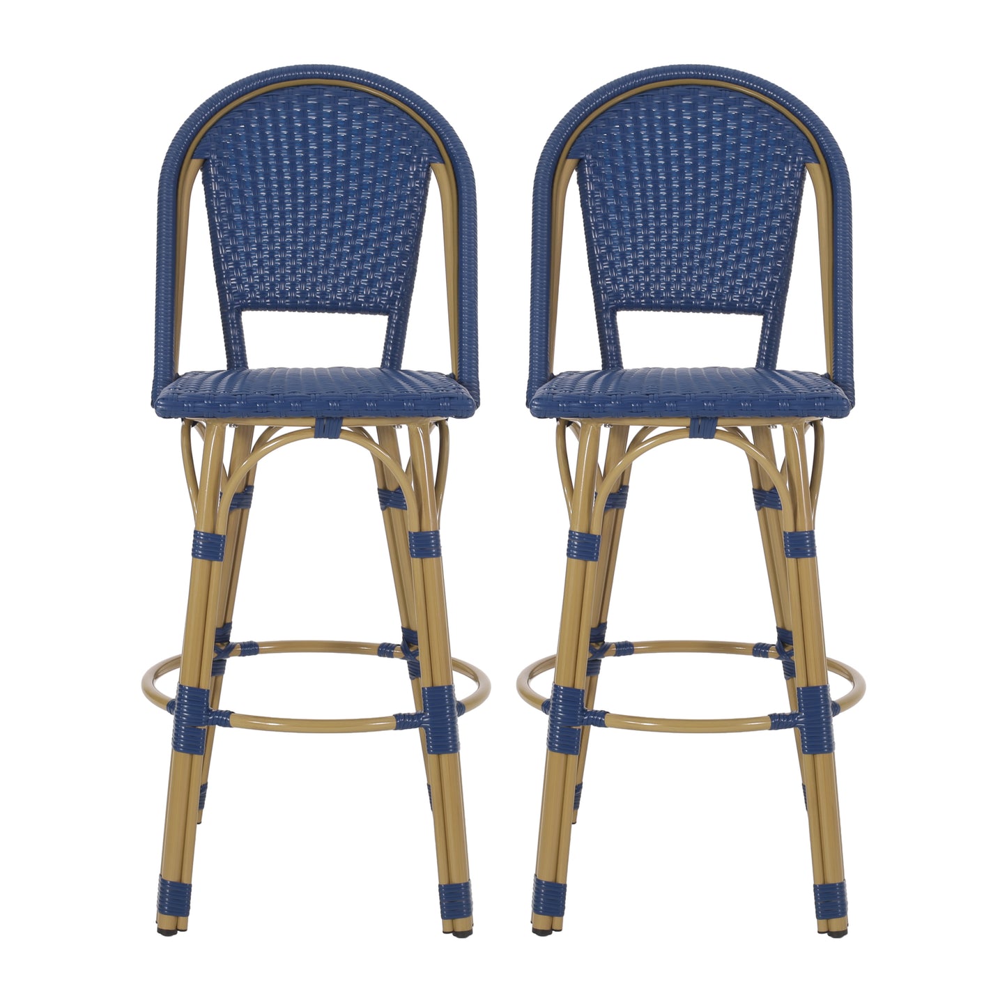 Set of two blue rattan bar stools with natural wood legs perfect for cafes