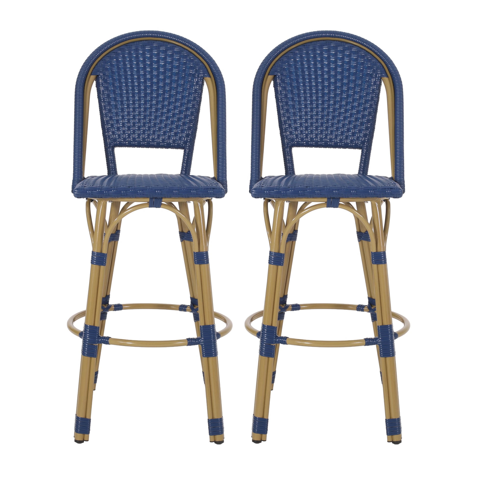 Set of two blue rattan bar stools with natural wood legs perfect for cafes