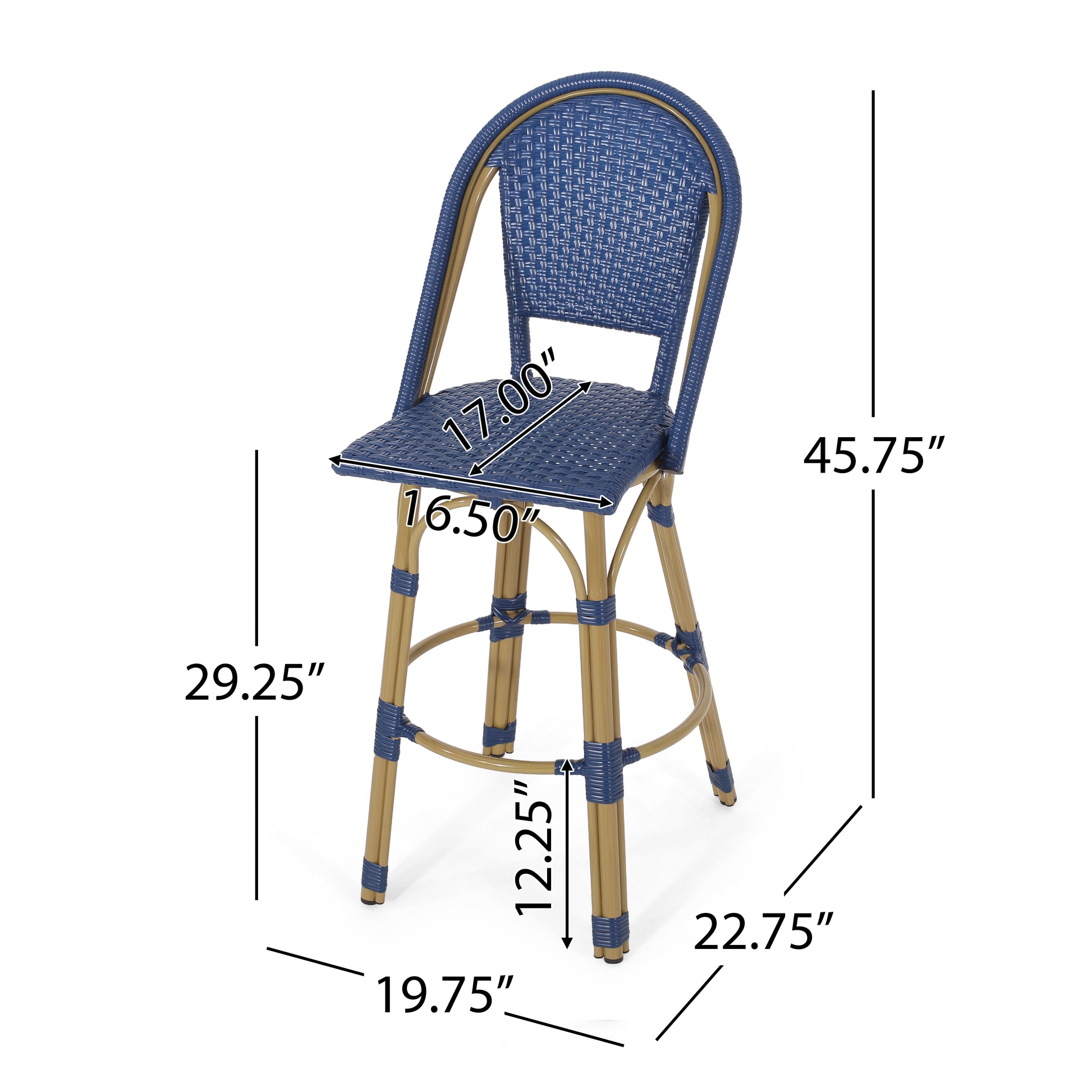 Blue woven resin wicker bar stool with gold metal frame perfect for patios