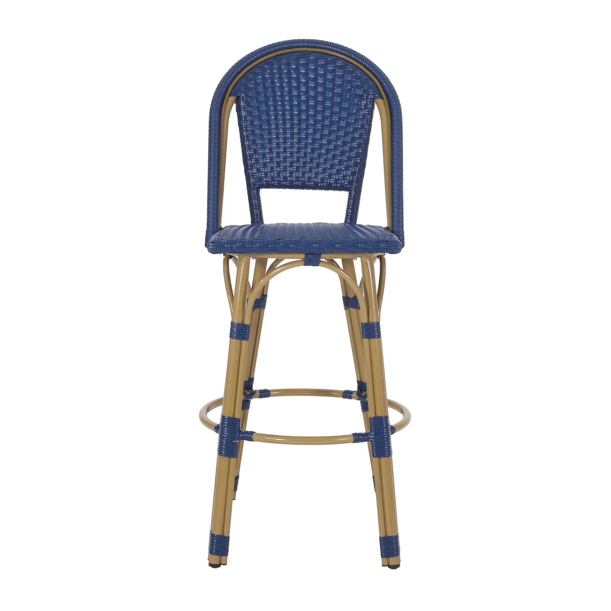 Blue wicker bar stool with natural wood frame and footrest