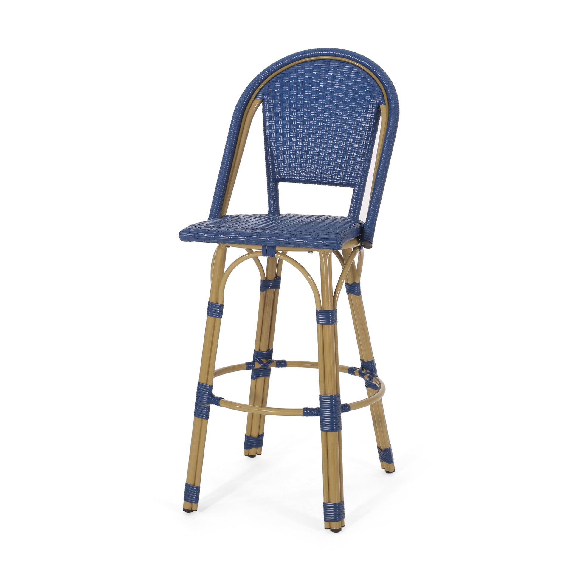 Blue rattan bar stool with woven seat and back perfect for cafes