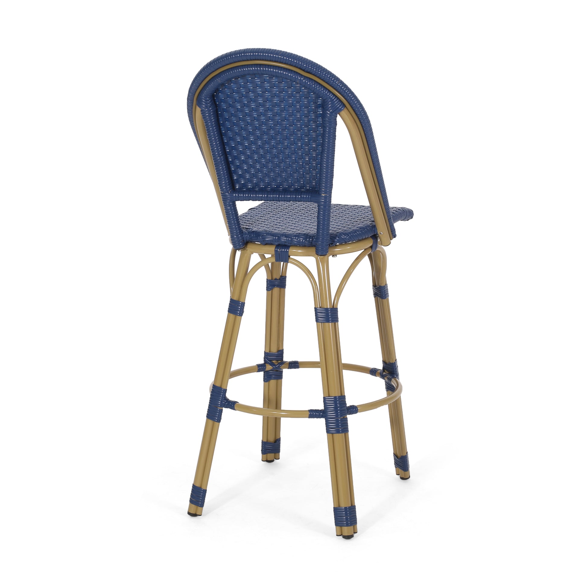 Blue wicker bar stool with tan metal frame ideal for cafes