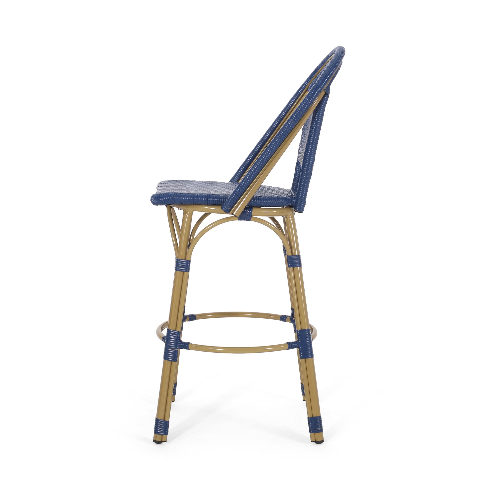 Navy blue wicker bar stool with a gold metal frame perfect for cafe seating