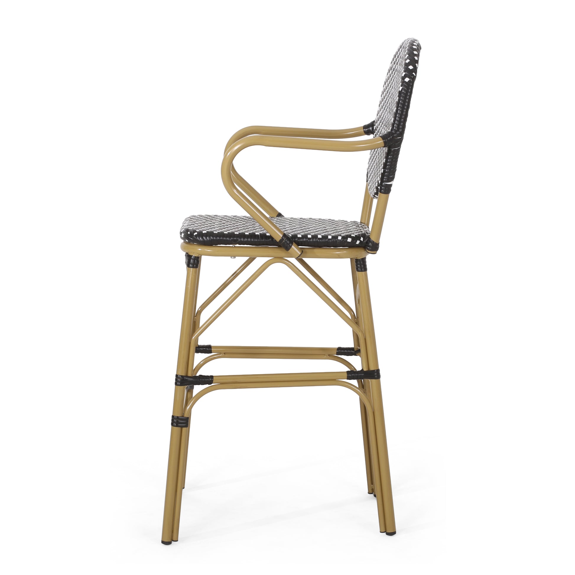 Gold metal bar stool with black and white woven seat and backrest