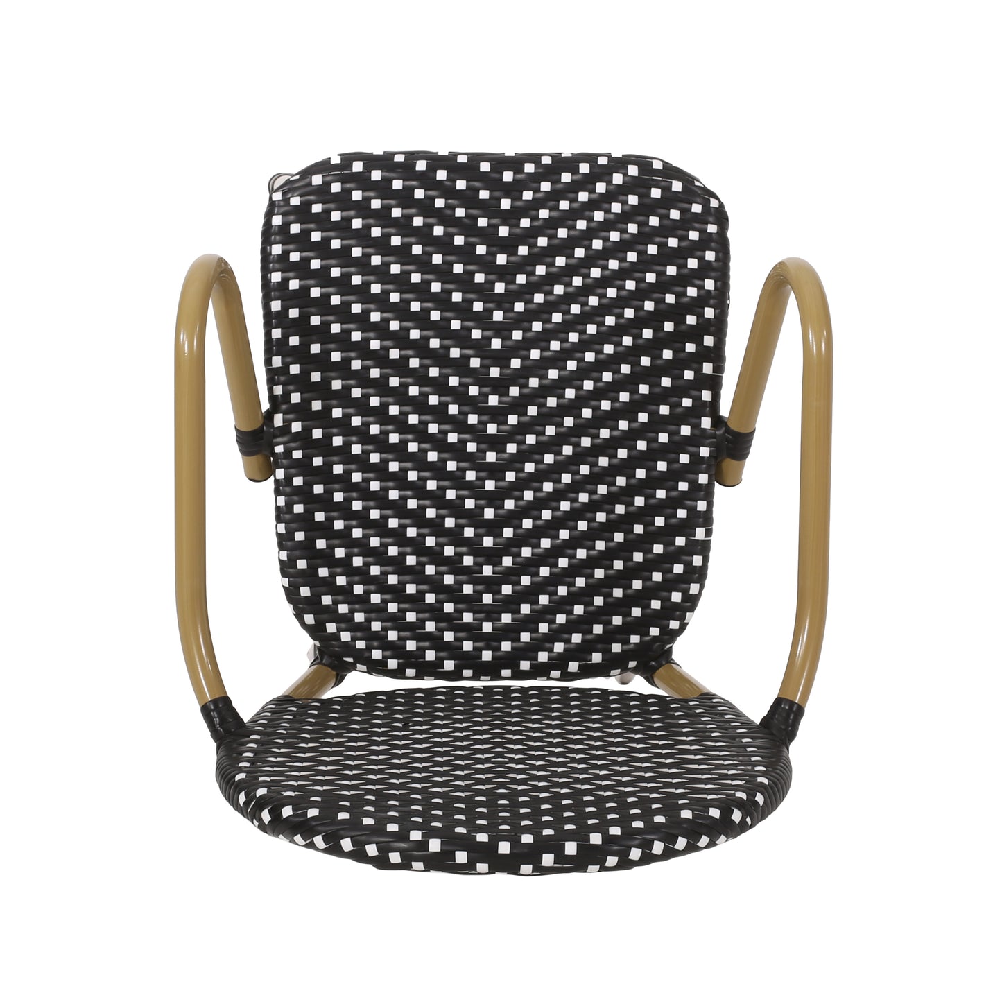 Black and white woven bistro chair with curved gold arms