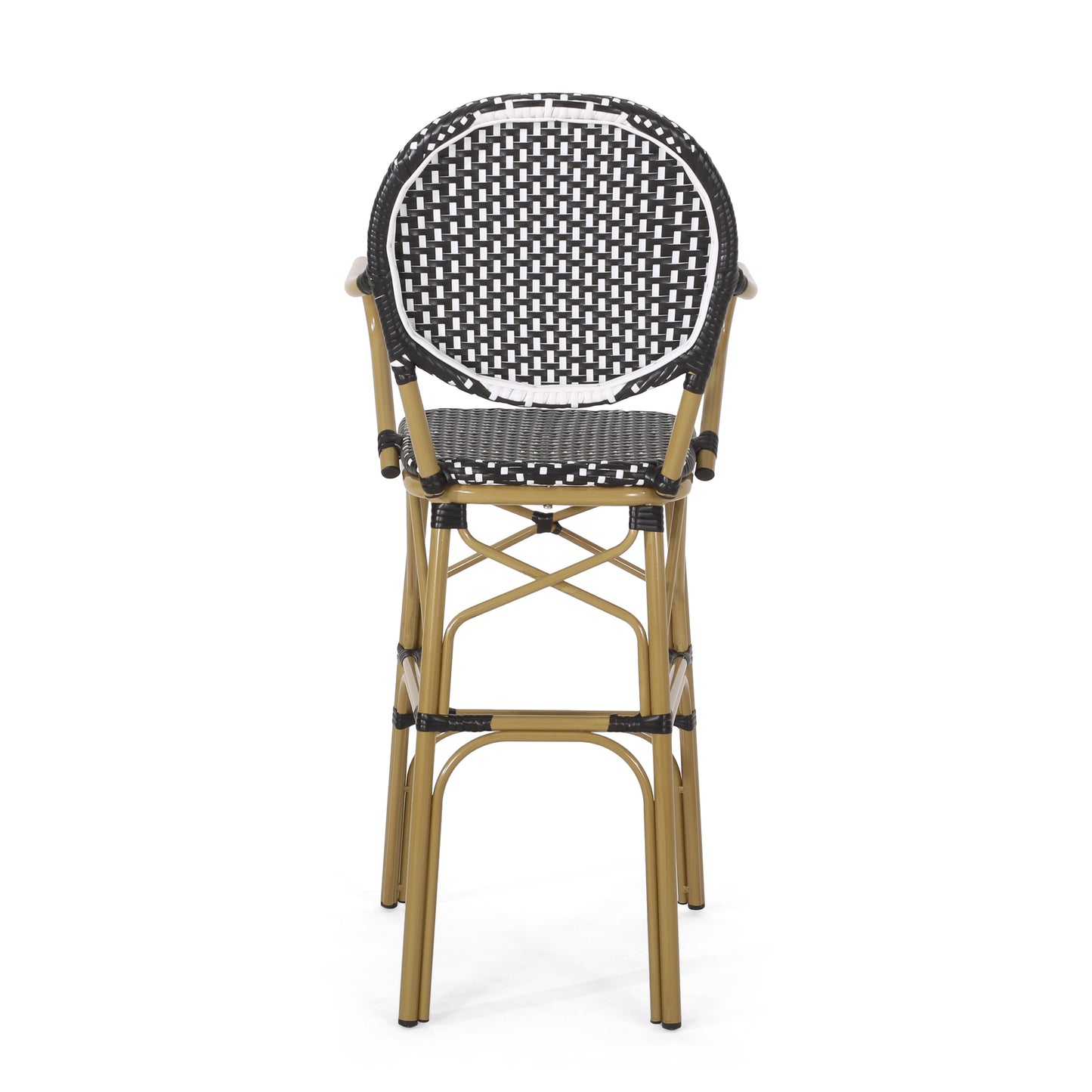Bistro bar stool with black and white woven seat and back gold aluminum frame