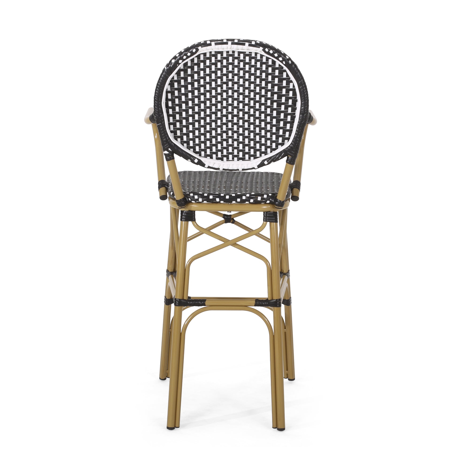 Bistro bar stool with black and white woven seat and back gold aluminum frame
