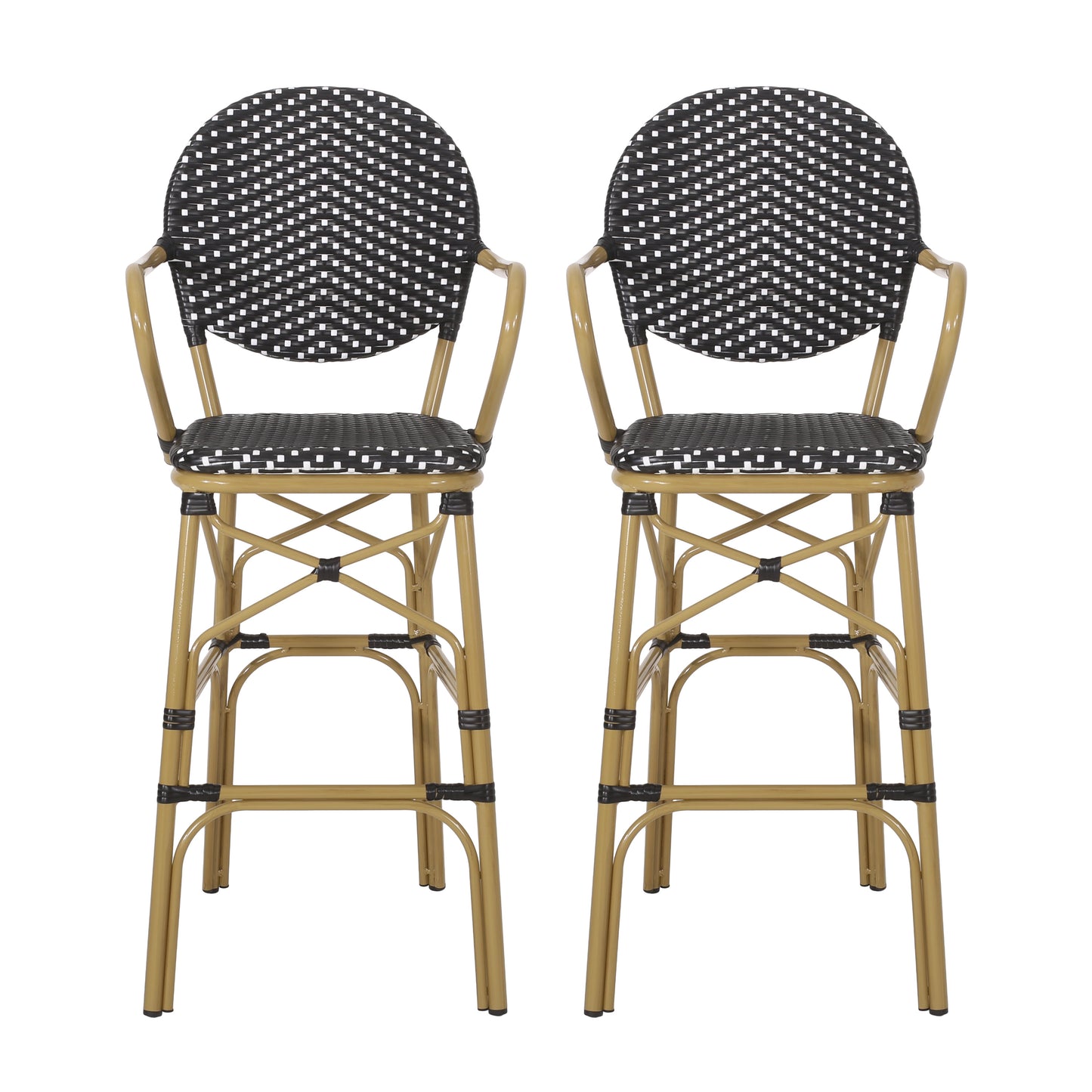 Two black and white woven bar stools with gold metal frames and curved arms