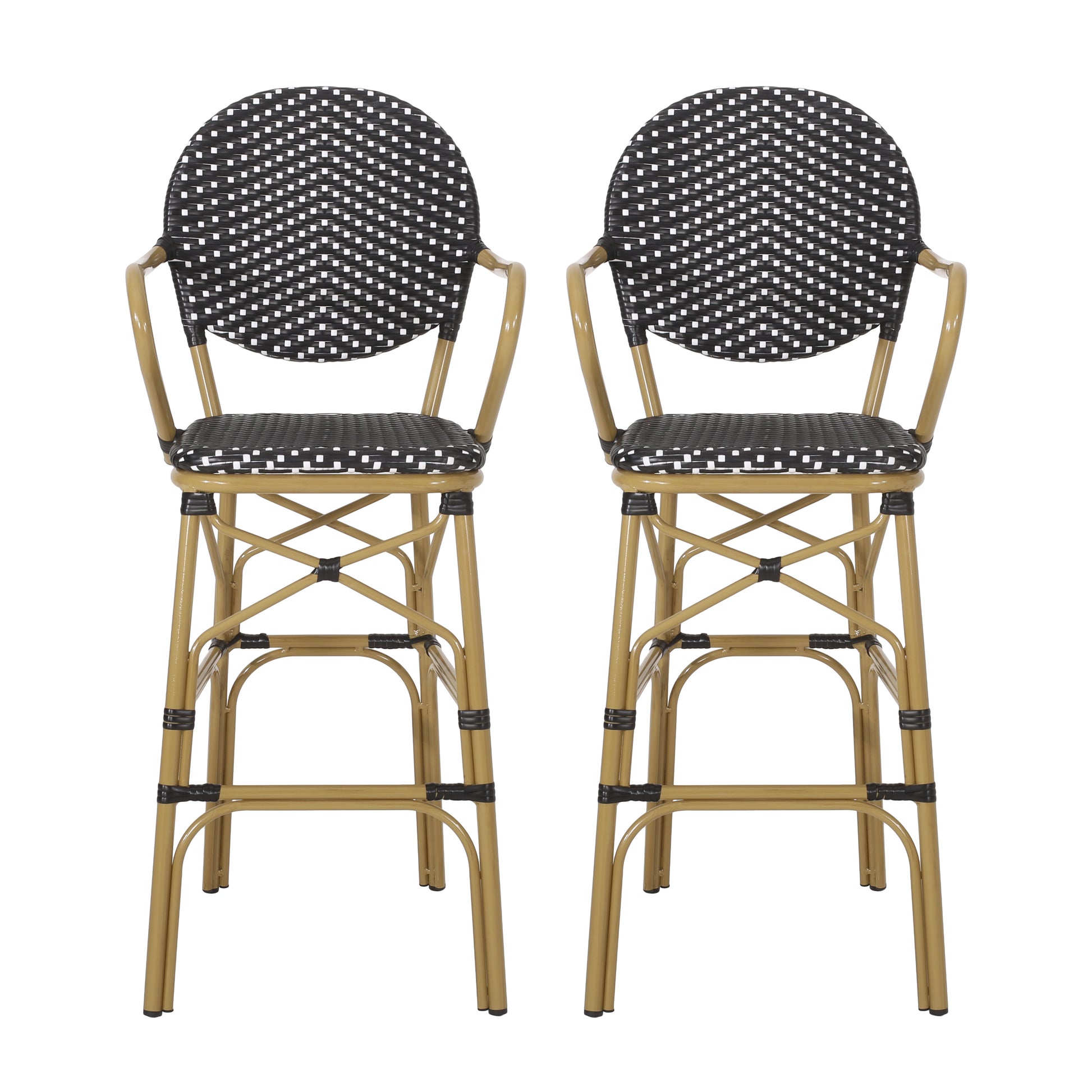 Two black and white woven bar stools with gold metal frames and curved arms