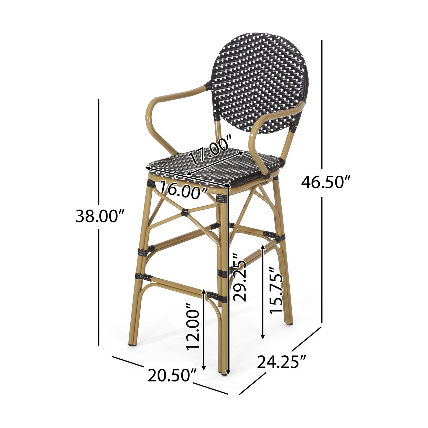 Black and white rattan bar stool with gold metal legs and armrests