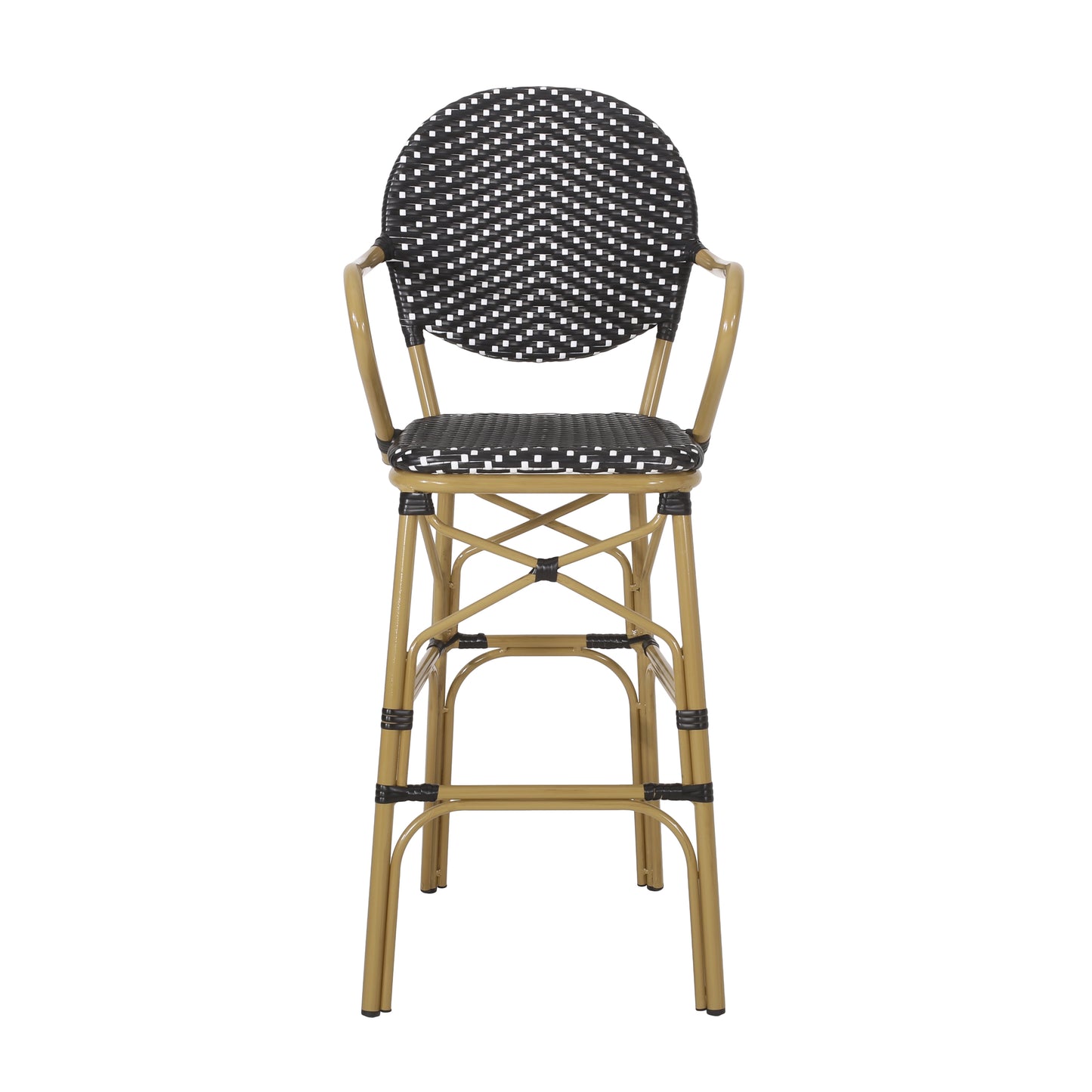 Gold metal bar stool with woven black and white seat and backrest