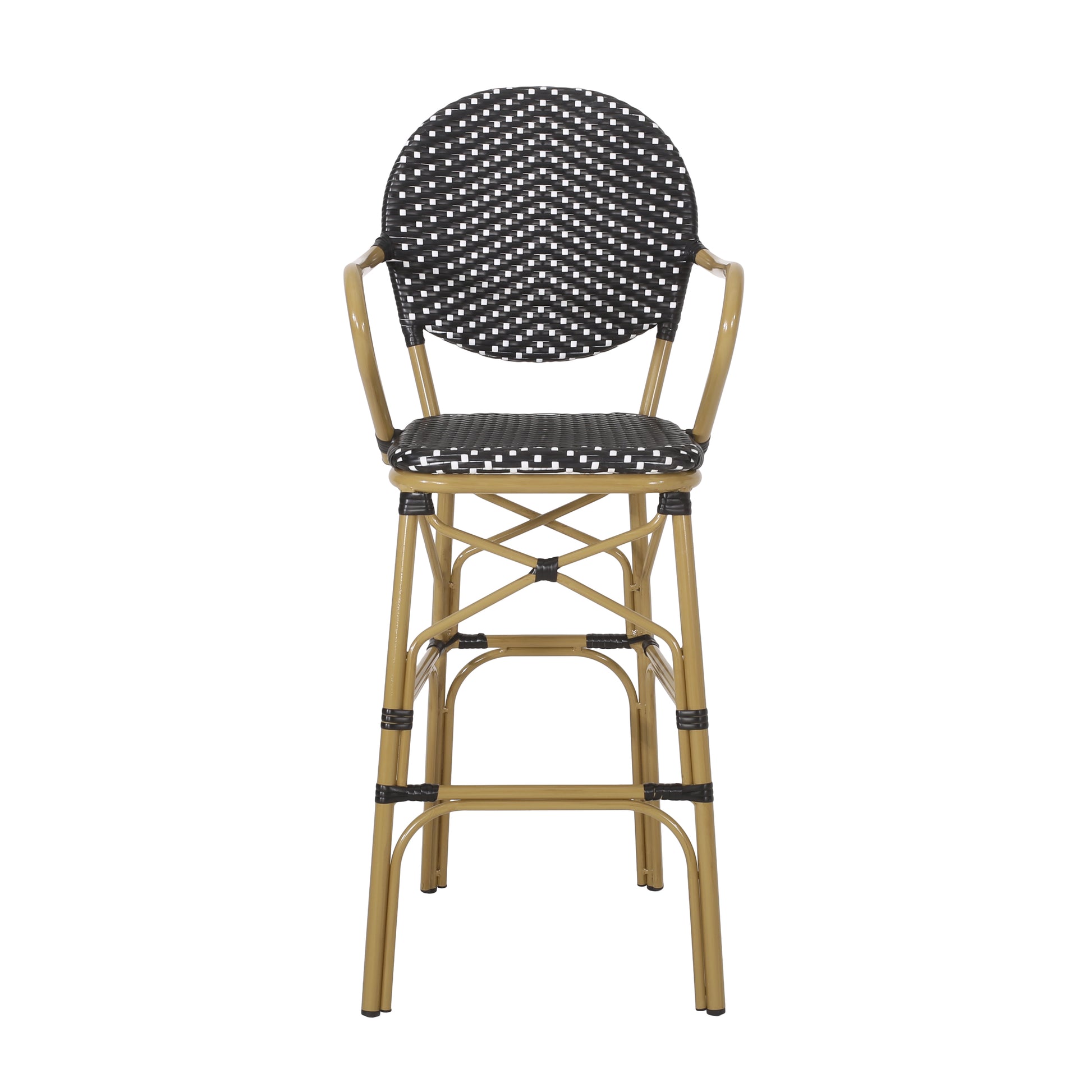 Gold metal bar stool with woven black and white seat and backrest