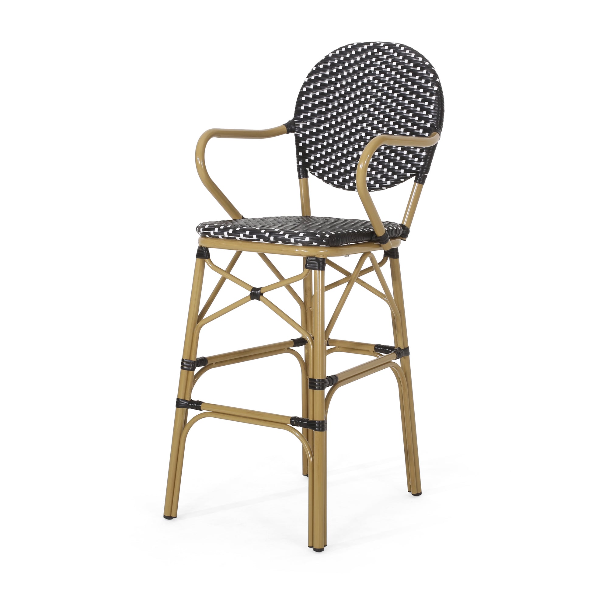 Woven rattan bar stool with gold frame and black  white seat perfect for cafes