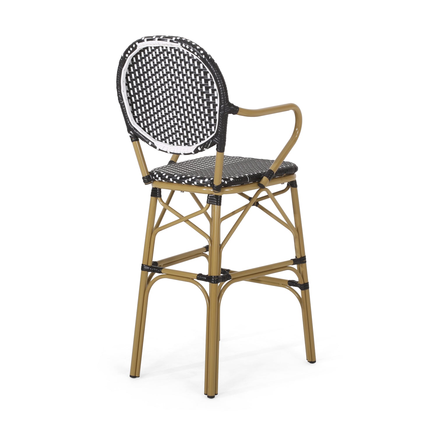 Black and white woven rattan bar stool with gold metal legs and armrests