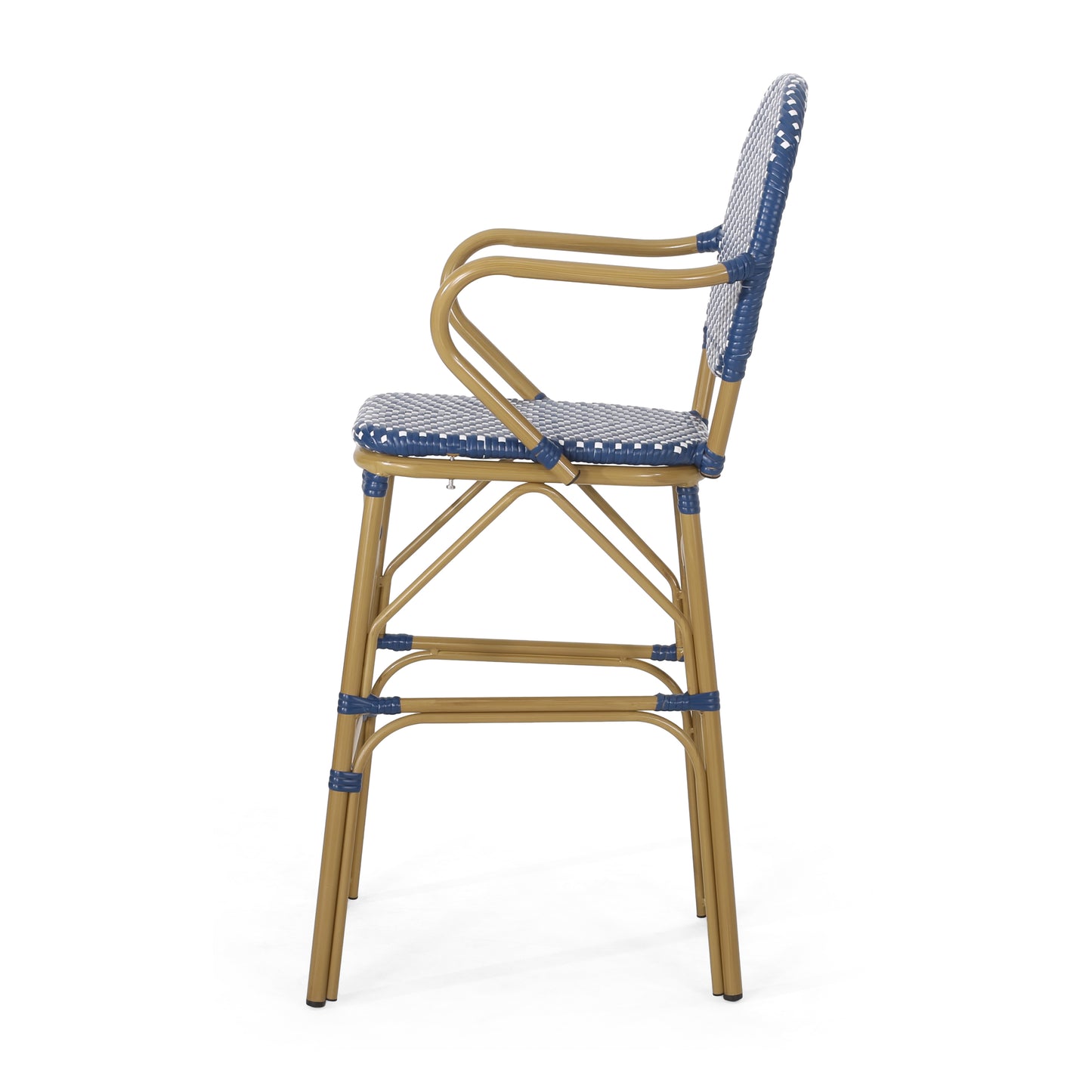 Gold metal bistro chair with blue and white checkered woven seat and back