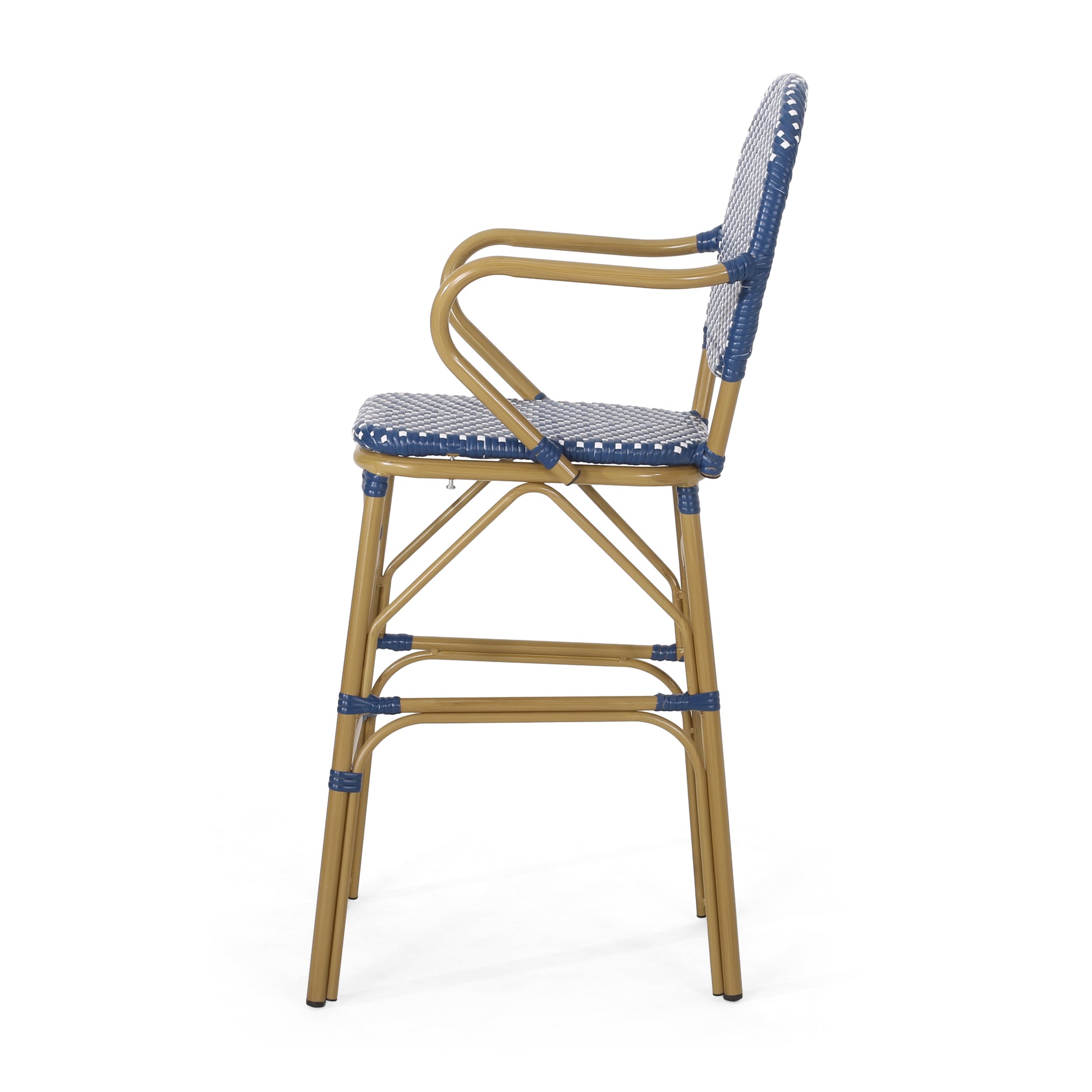 Gold metal bistro chair with blue and white checkered woven seat and back