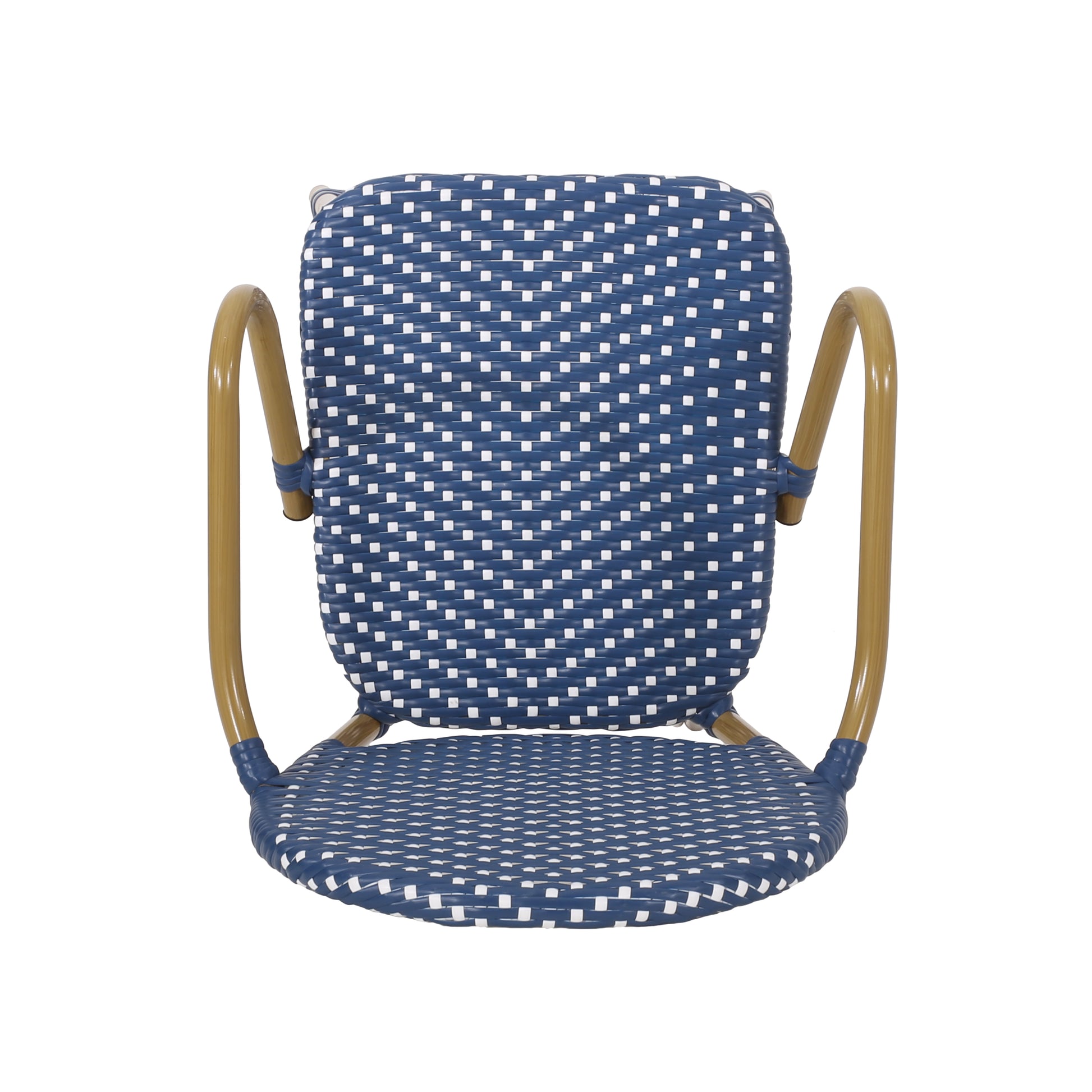 Blue and white woven cafe chair with curved goldtone arms