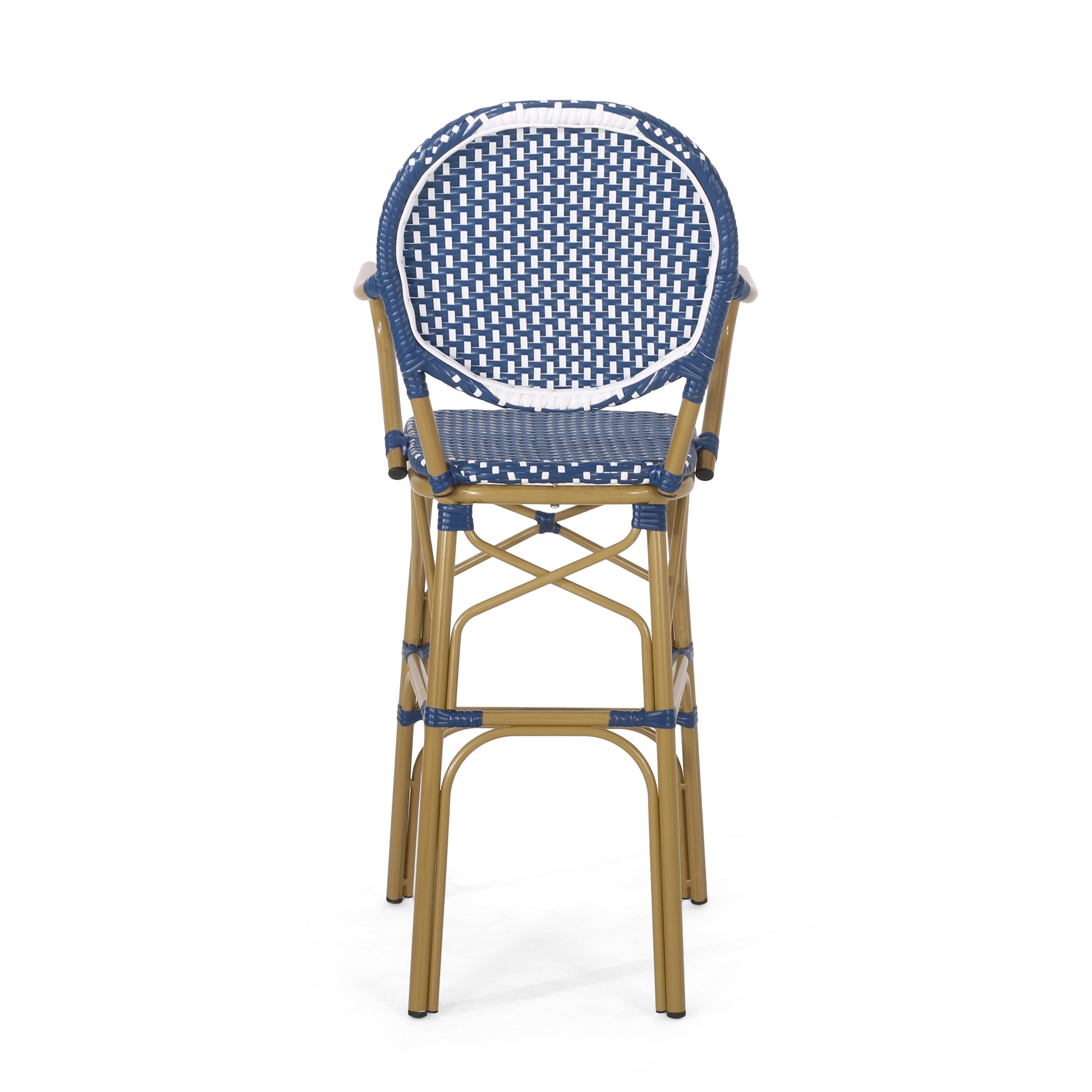 Blue and white woven outdoor bar stool with gold metal legs