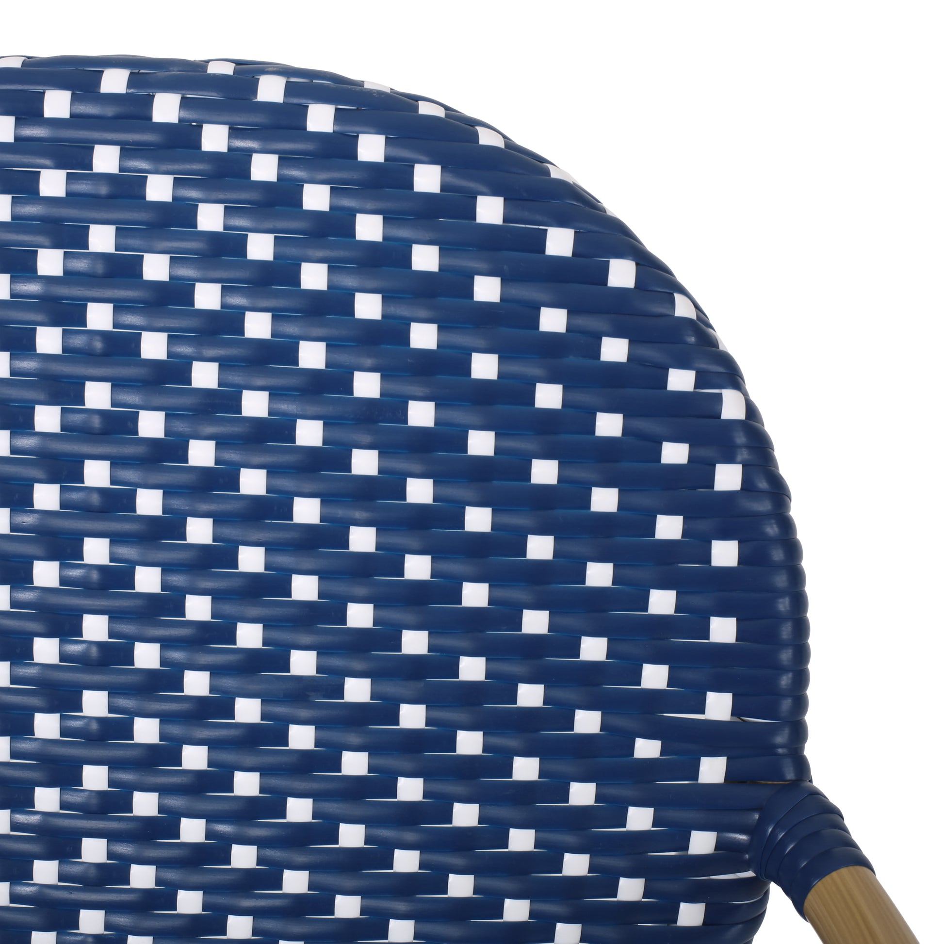 Blue and white woven bistro chair with a cane seat for outdoor use