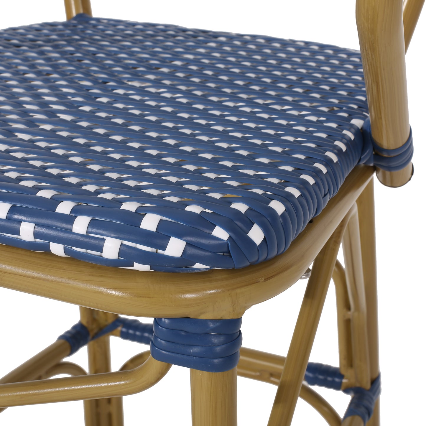 Woven bistro chair seat in blue and white plastic rattan on natural wood frame