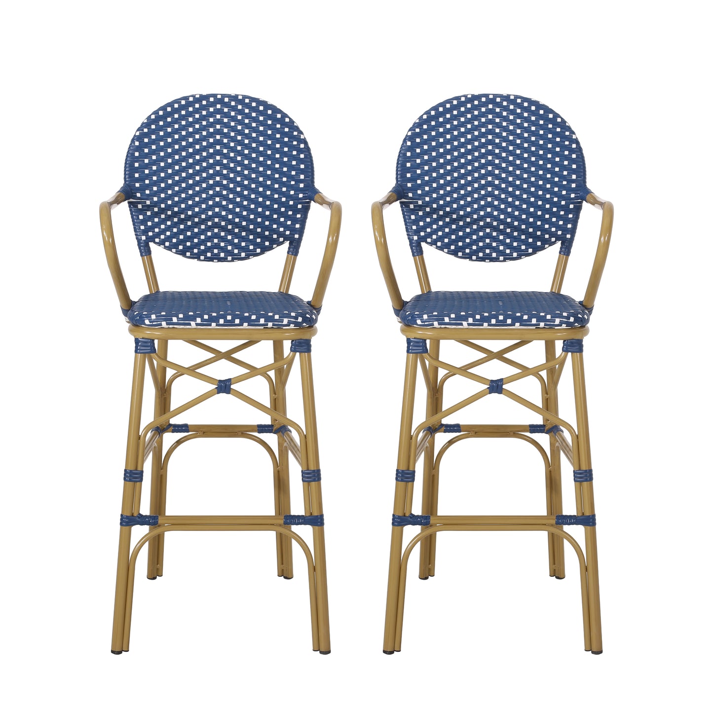 Two blue and white woven bar stools with gold metal frames and armrests