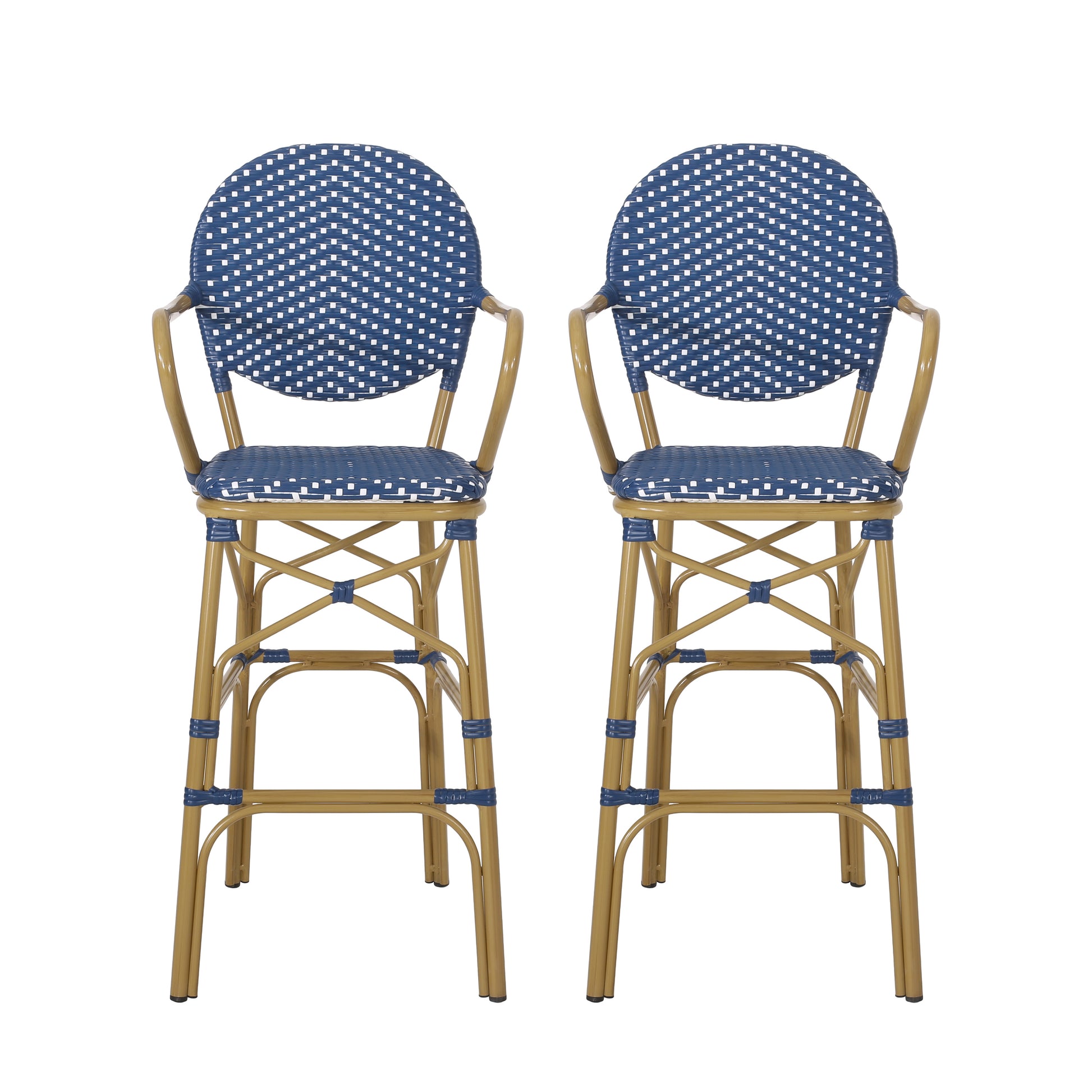Two blue and white woven bar stools with gold metal frames and armrests