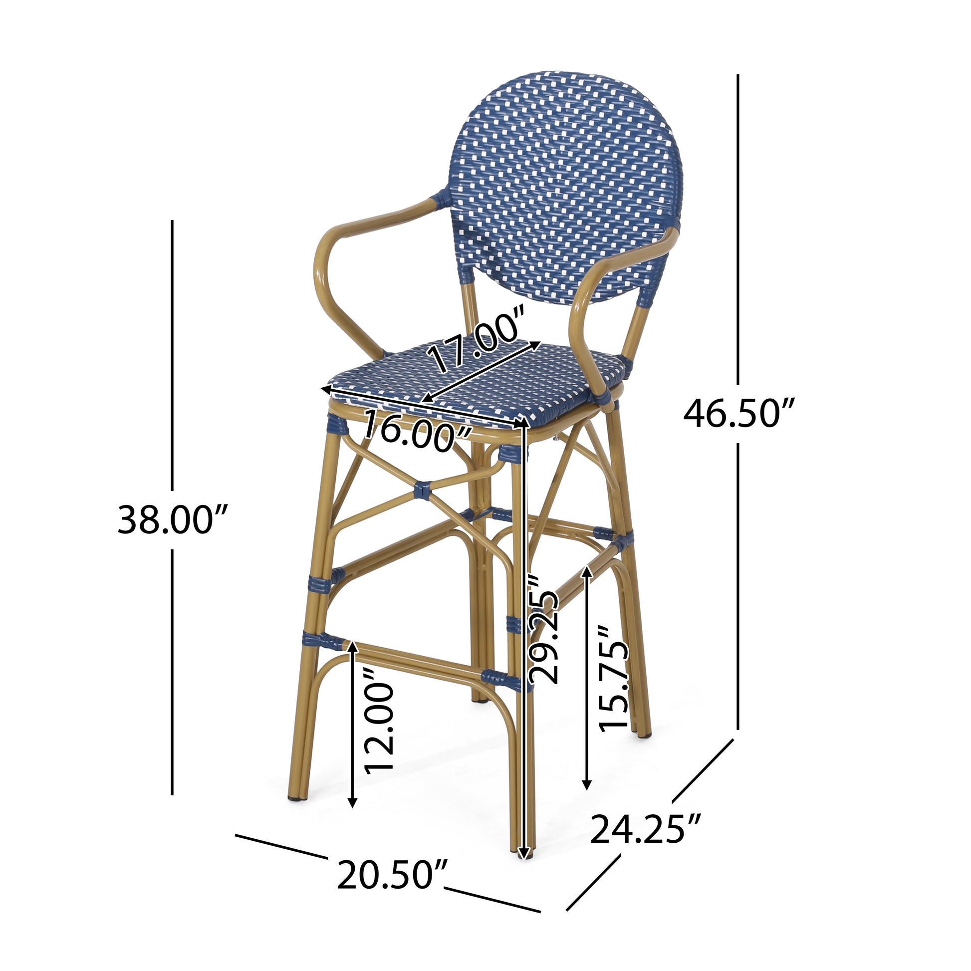 Blue and white woven resin bar stool with gold metal frame and armrests perfect for a patio setting