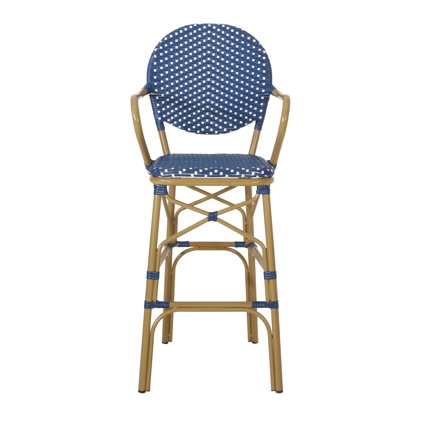 Blue and white woven bar stool with golden metal frame