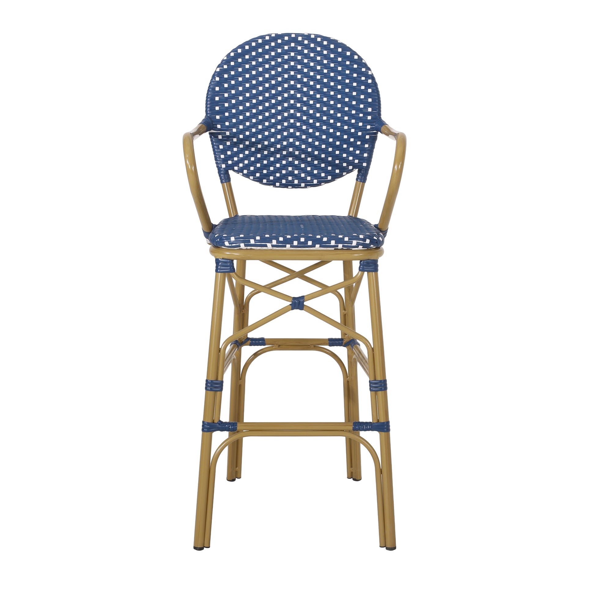 Blue and white woven bar stool with golden metal frame