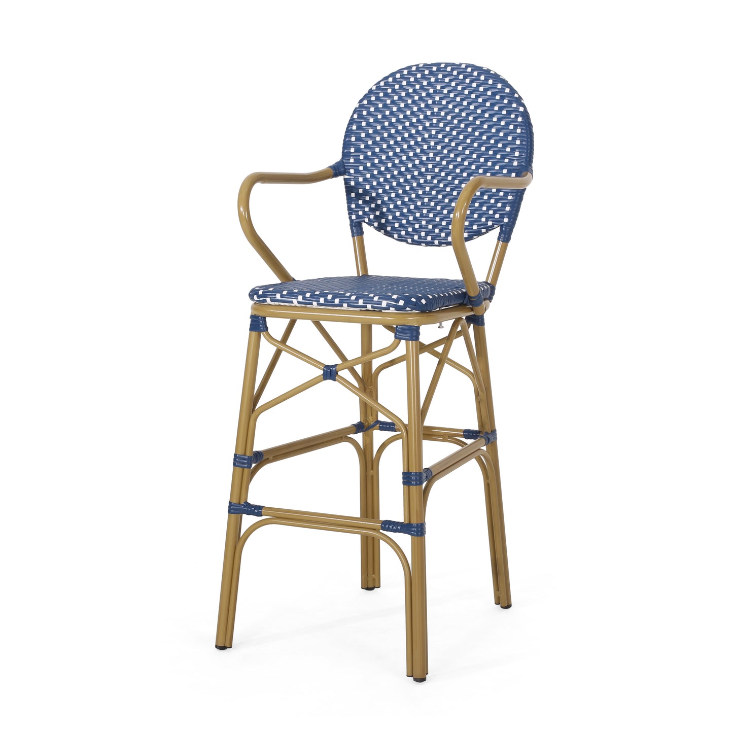 French bistro bar stool with woven blue and white seat and backrest on metal frame