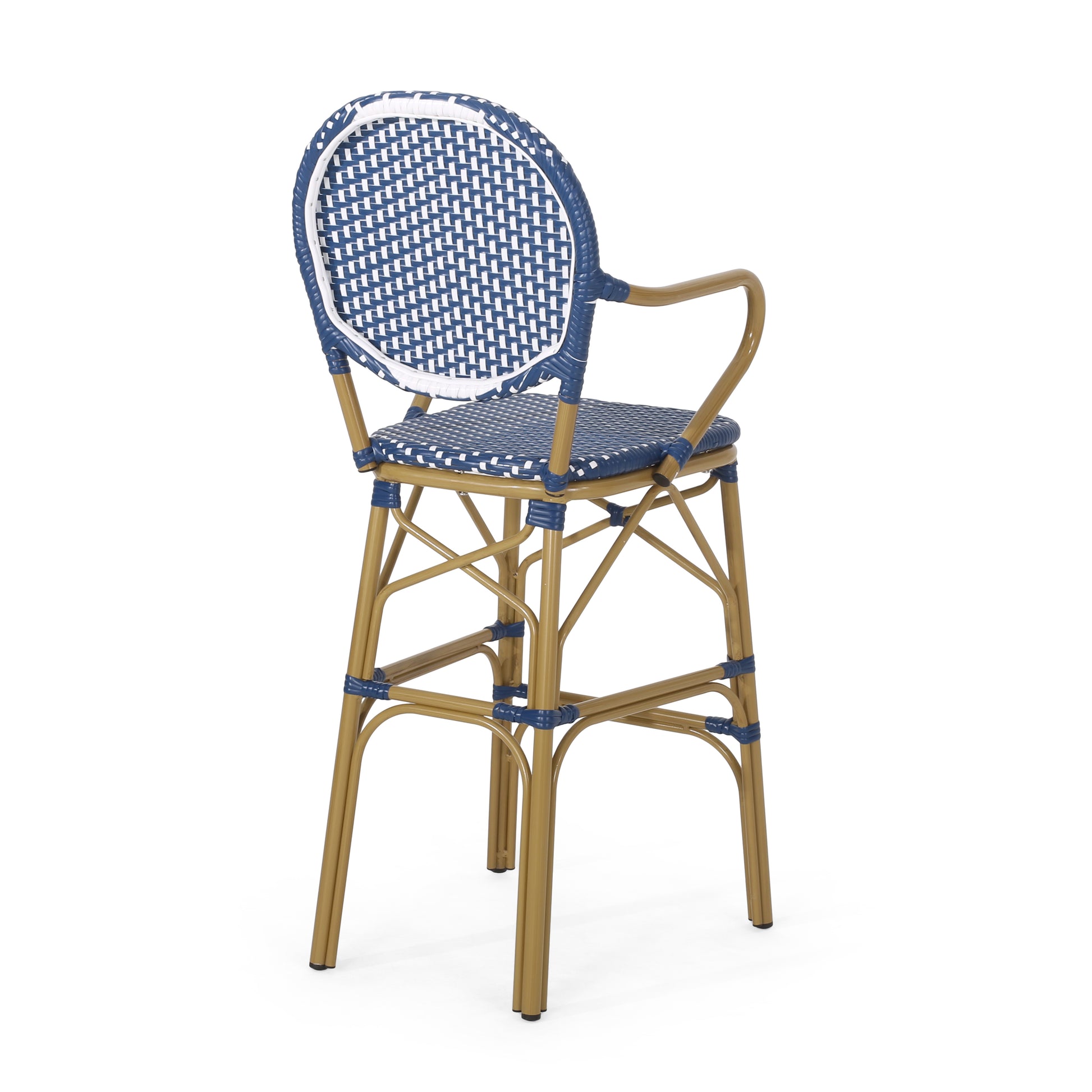 Woven rattan bar stool with blue and white seat and back and gold frame