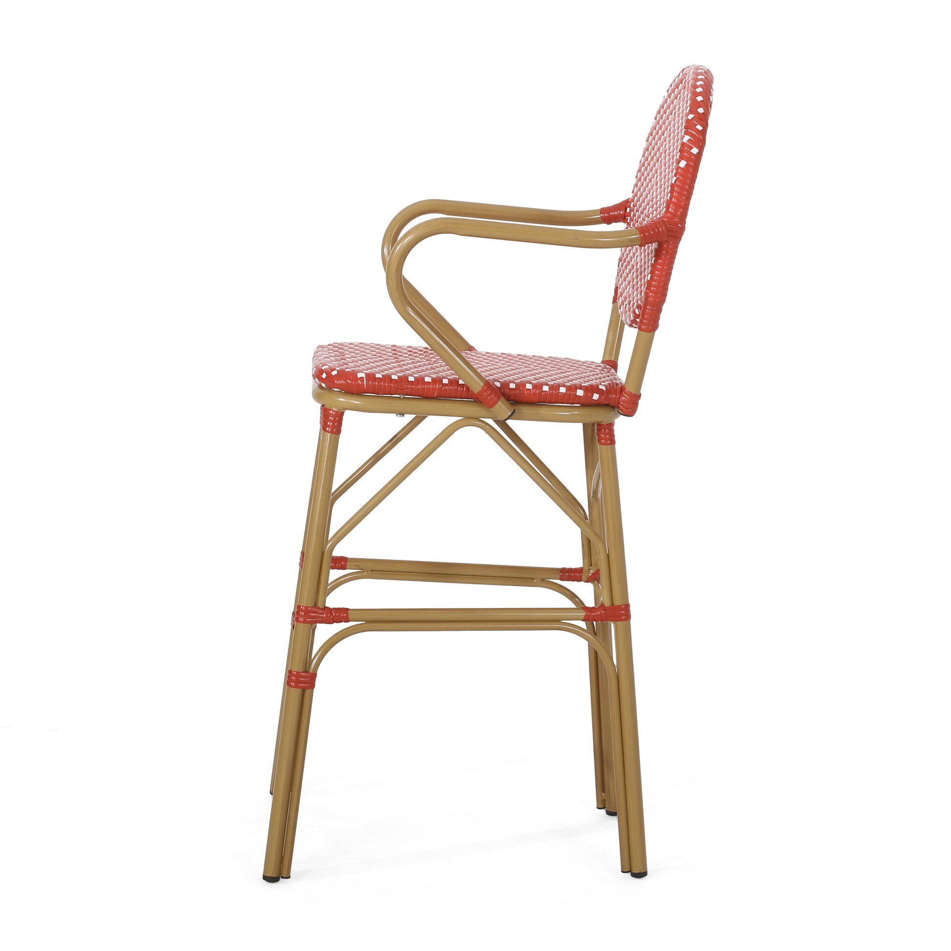 Red and white woven bistro bar stool with gold metal frame