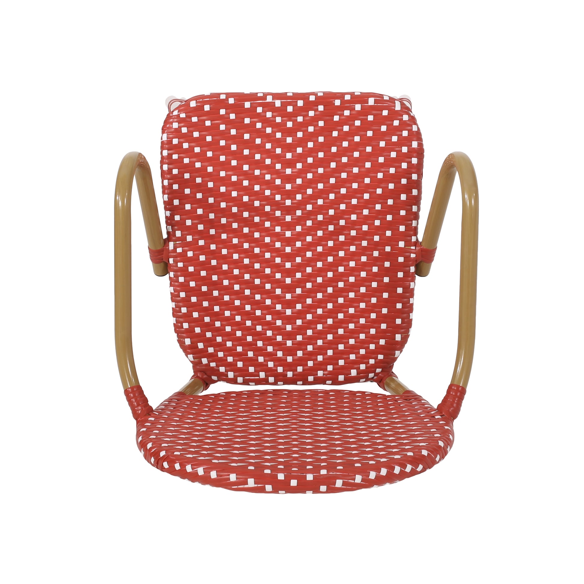 Red and white rattan bistro chair with curved metal arms